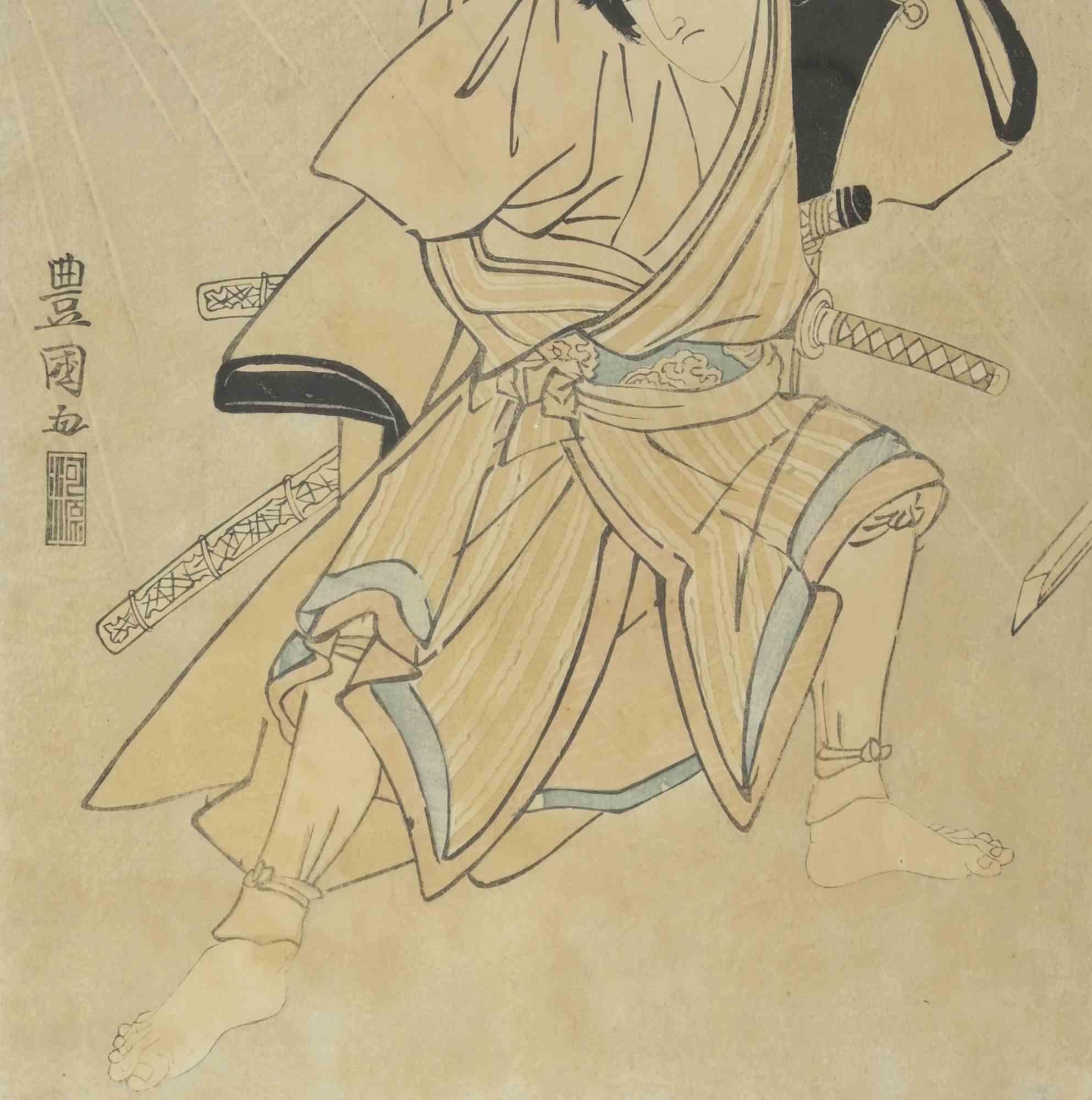 Actor Iwai Hanshiro as a Samurai is an artwork realized by Utagawa Toyokuni (1769-1825), in the early 19th Century

Color woodcut, signed or inscribed in the top right and bottom left in the plat cut-out size 35x 24.5 cm.

Well trimmed, bevel cut