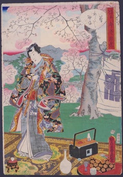 Tryptique under the Cherry Trees in Blossom - by Utagawa Toyokuni II