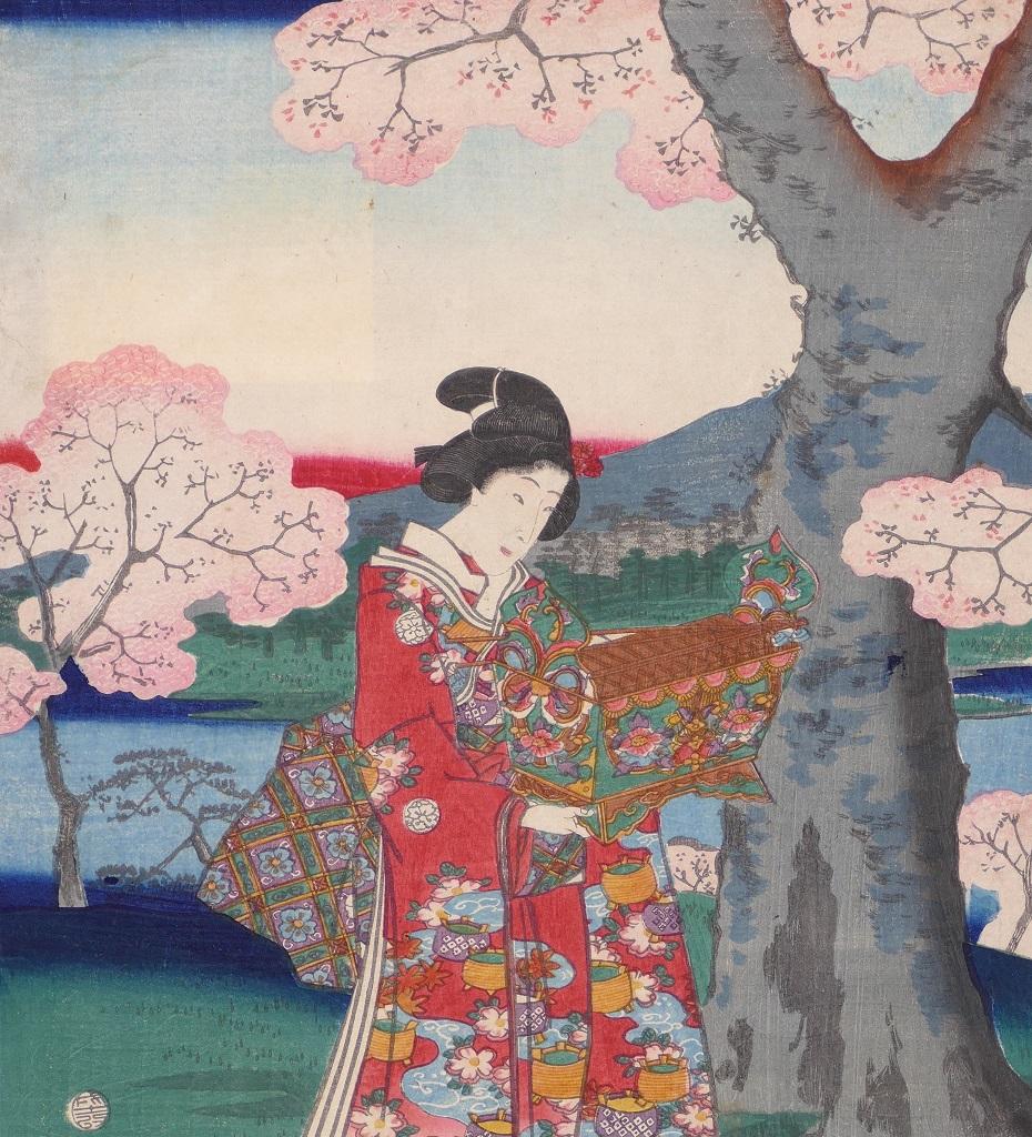 Tryptique under the Cherry Trees in Blossom - by Utagawa Toyokuni II  2