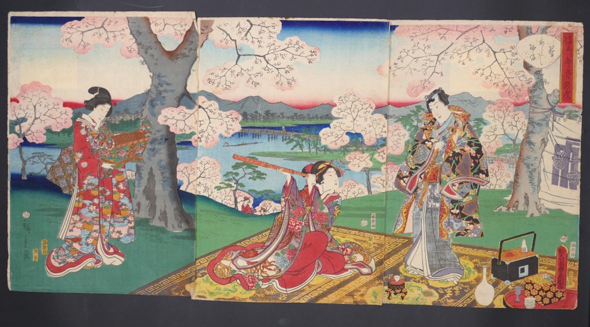 Ce tryptique japonais sous les cerisiers en fleurs  est une superbe gravure sur bois en couleur, composée de trois feuilles de papier, réalisée dans la première moitié du XIXe siècle par Utagawa Toyokuni II (1777-1835).

Un ukiyo-e à couper le