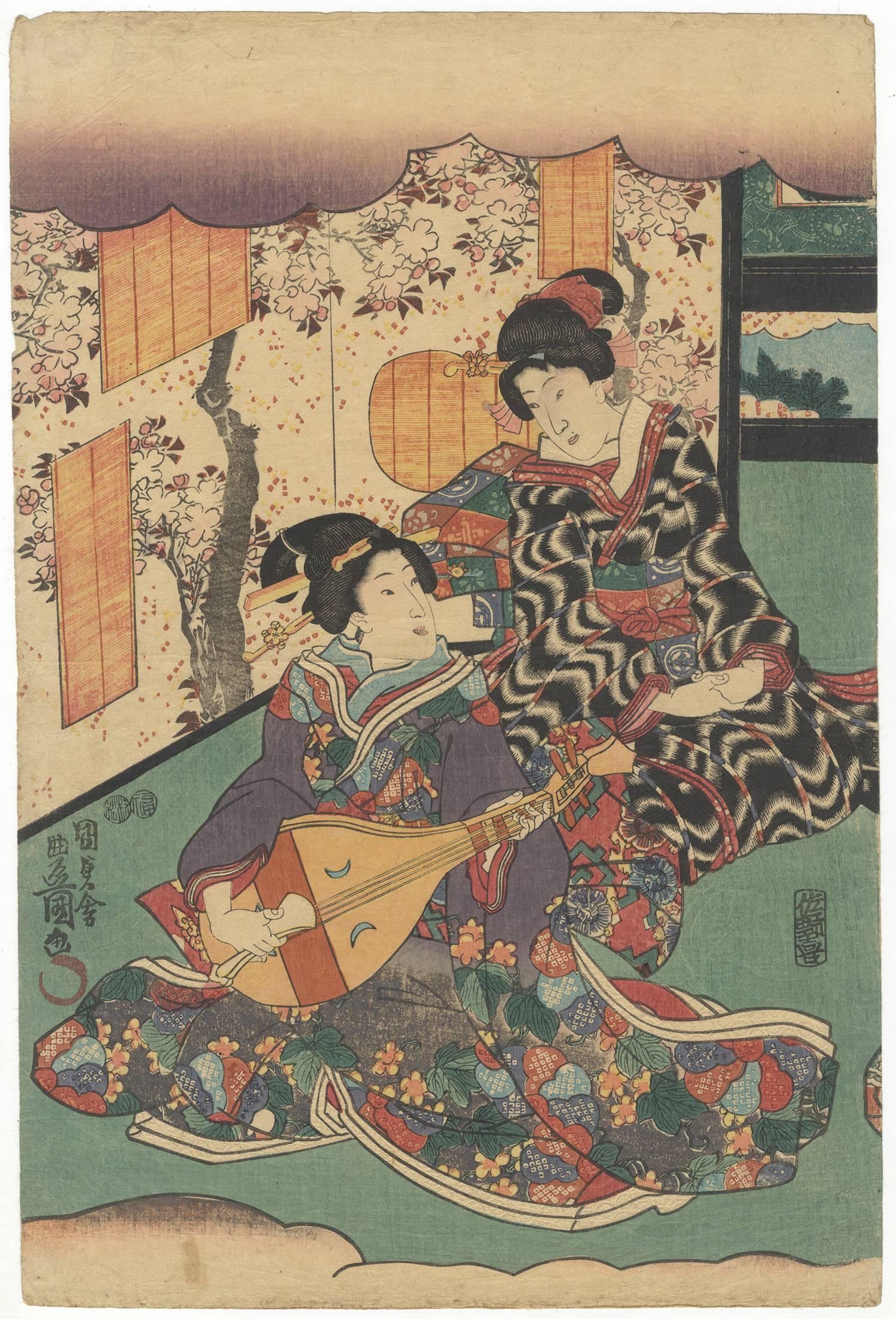Artist: Utagawa Toyokuni III (1786-1864)
Title: Prince Genji Playing a Musical Instrument and Accompanied by a Court Lady. Triptych.
Publisher: Sanoya Kihei
Date: circa 1847-1852
Size: (R) 25.7 x x 38.3 (C) 25.7 x 38 (L) 25.5 x 38.2
