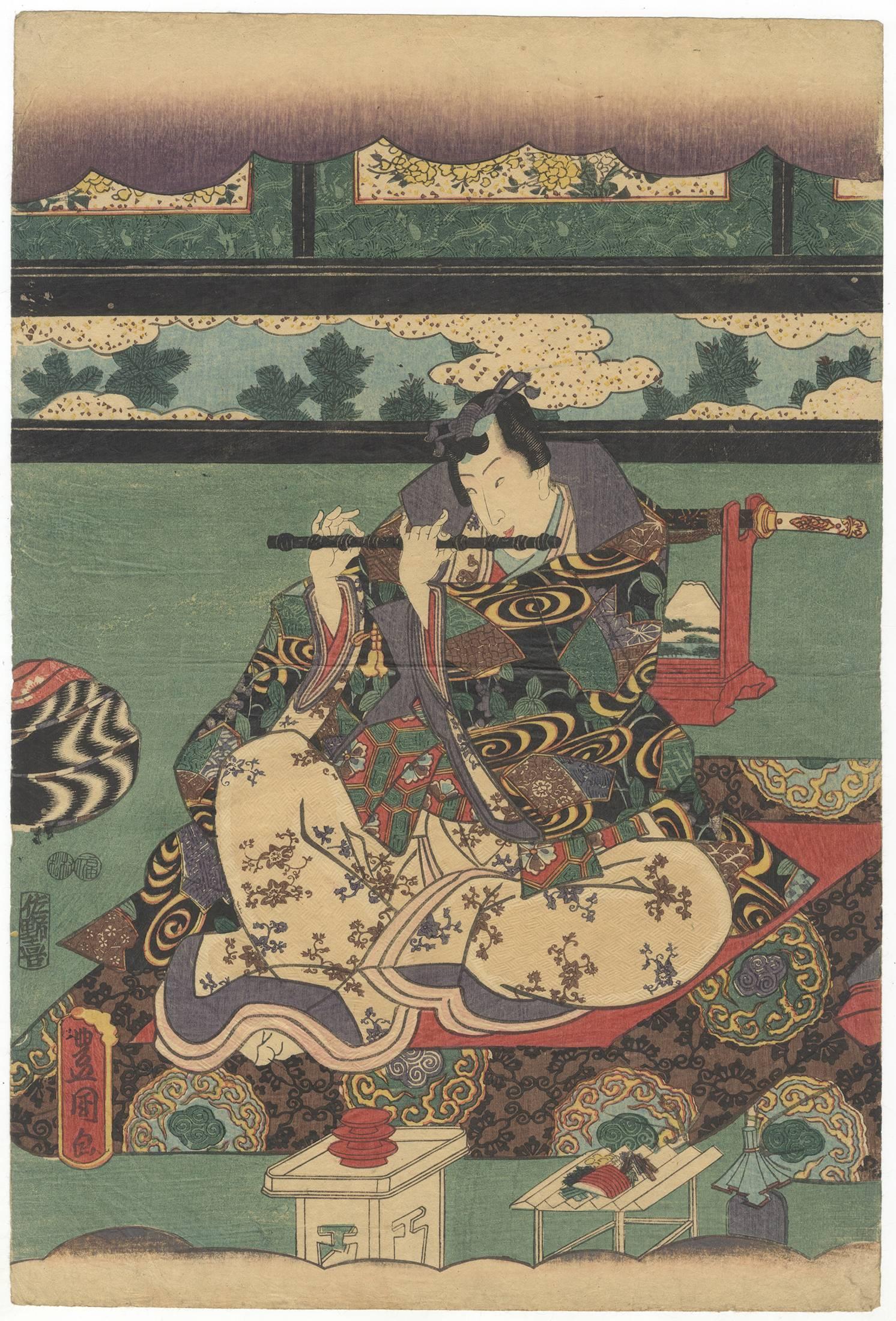 Edo Utagawa Toyokuni III, Tale of Genji, Music, Original Japanese Woodblock Print