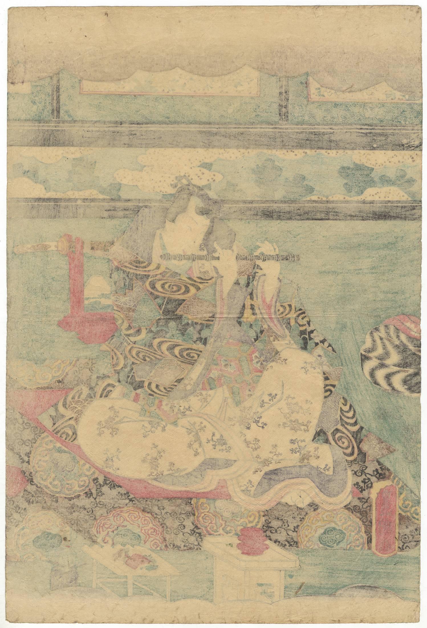 Hand-Crafted Utagawa Toyokuni III, Tale of Genji, Music, Original Japanese Woodblock Print