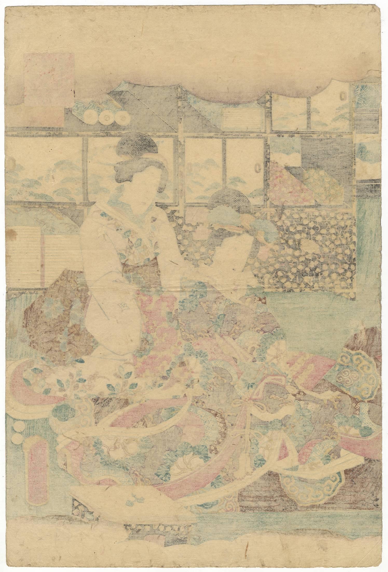 19th Century Utagawa Toyokuni III, Tale of Genji, Music, Original Japanese Woodblock Print