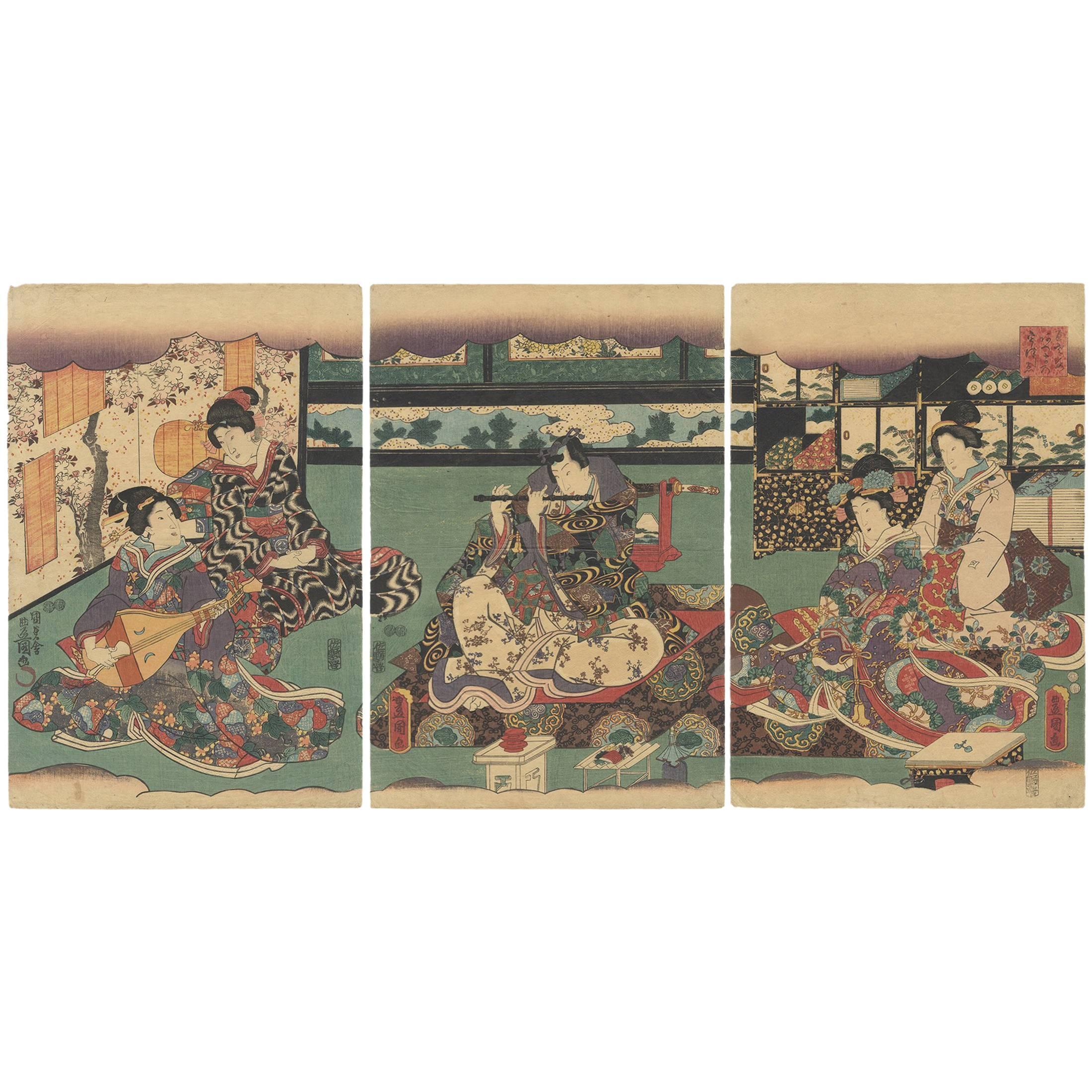 Utagawa Toyokuni III, Tale of Genji, Music, Original Japanese Woodblock Print