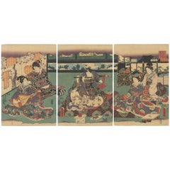 Antique Utagawa Toyokuni III, Tale of Genji, Music, Original Japanese Woodblock Print