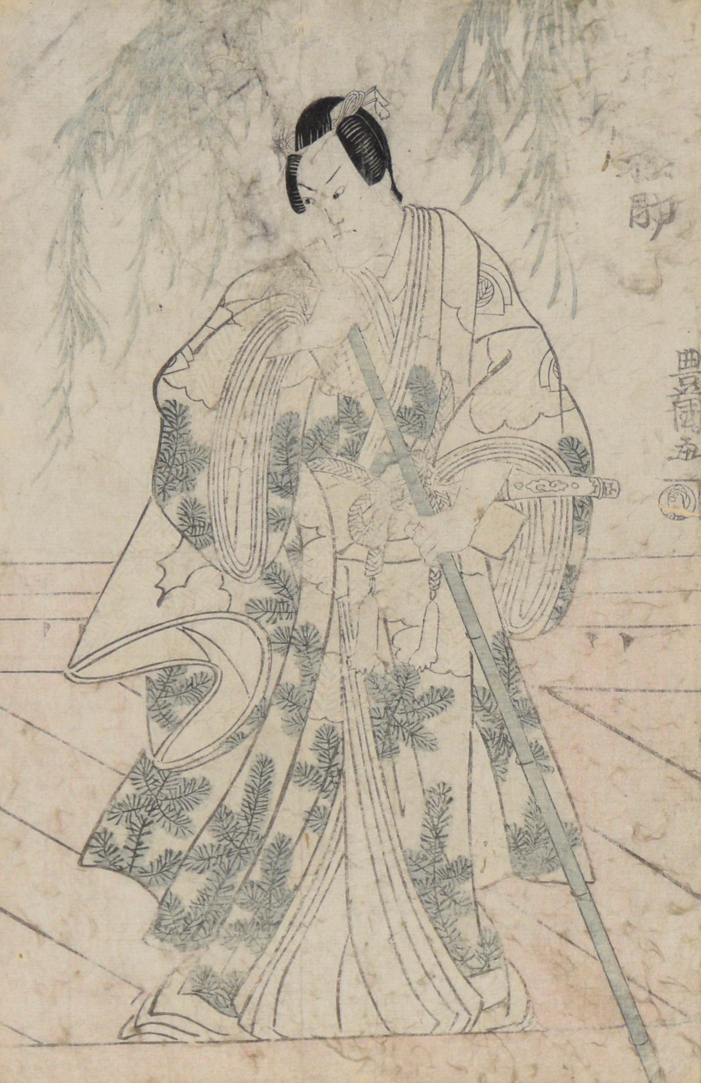Kabuki Actor with Pine-Patterned Robe - Japanese Woodblock Print

Finely detailed woodblock by Utagawa Toyokuni (Japanese, 1769-1825). A kabuki actor is standing on a wooden deck, wearing a robe with a pine-needle pattern. He is holding a sword and