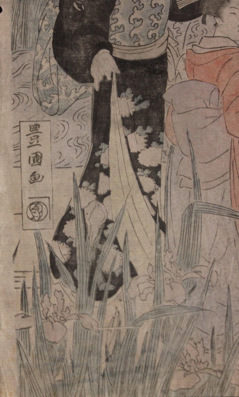 Three Beauties by a River Japanese Woodblock Print - Brown Portrait Print by Utagawa Toyokuni