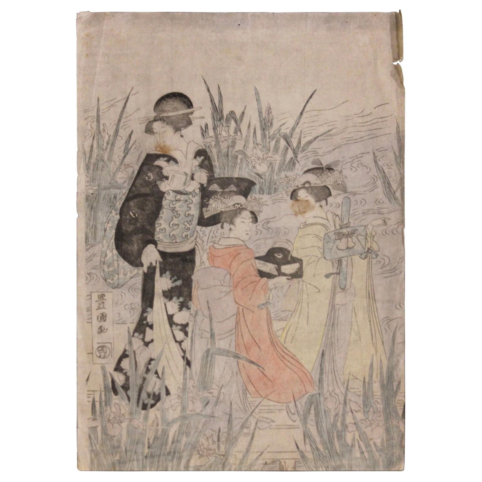 Three Beauties by a River Japanese Woodblock Print