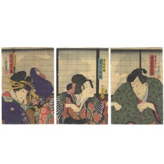 Utagawa Yoshiiku Kabuki Theater Play Triptych, Ghost, Shoji Screen, Kimono, Rats