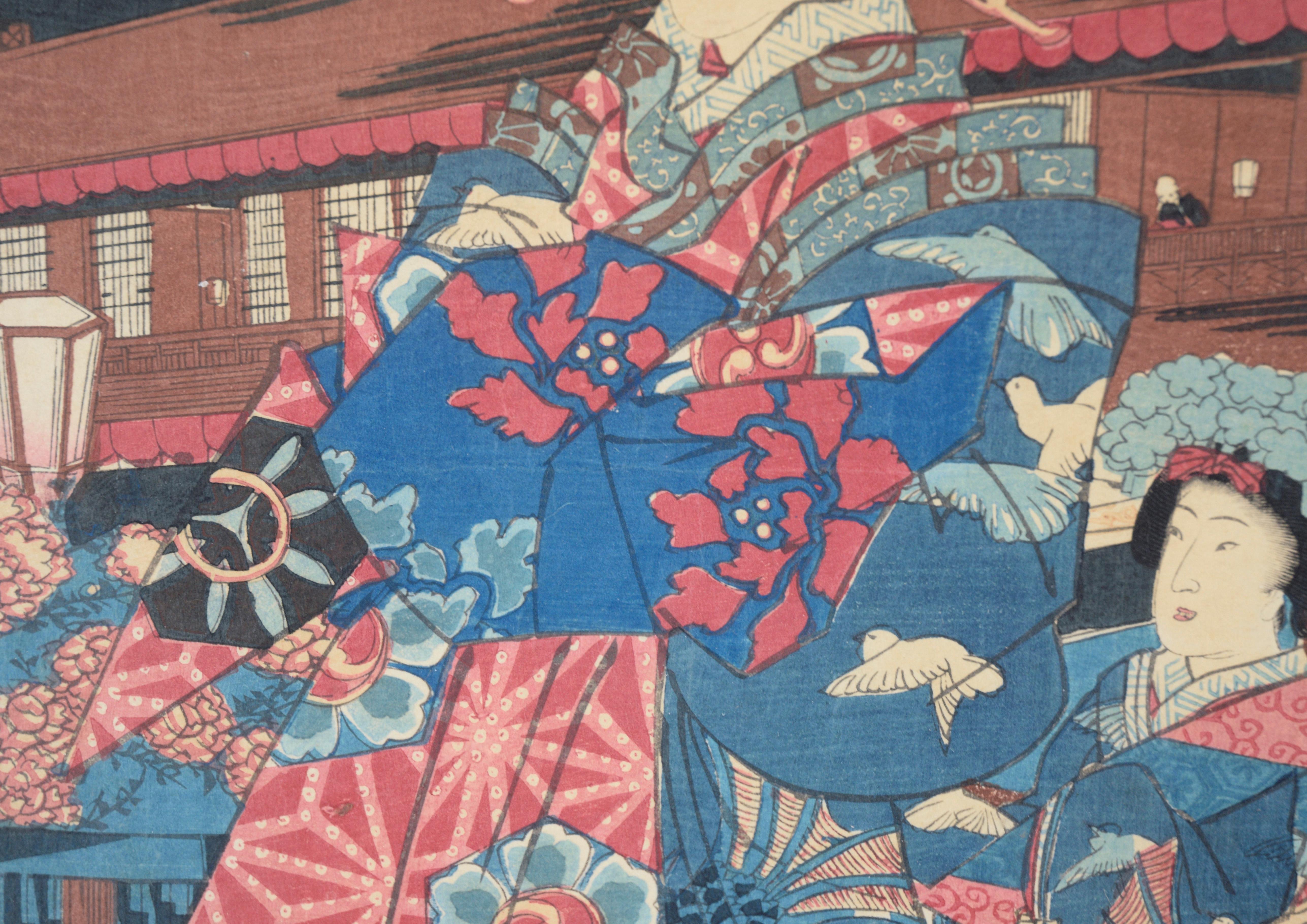 Courtesan at Yoshiwara Edomachi - Figurative Japanese Woodblock Print on Paper

Full color woodcut print of two women in elaborate gowns by Utagawa Yoshiiku (Ochiai Yoshiiku) (Japanese, 1833-1904). Two women are dressed in colorful robes with