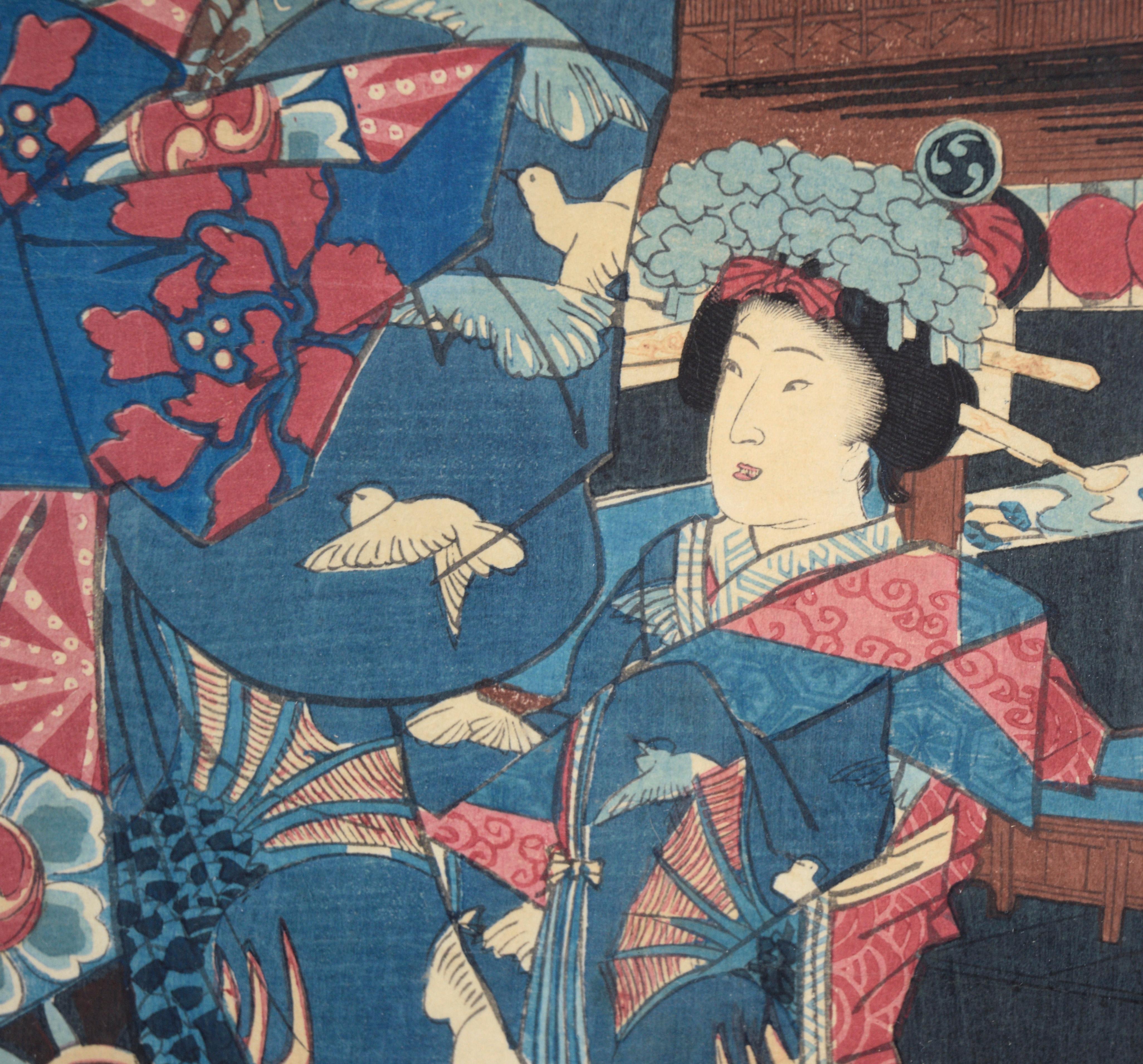 Courtesans at Yoshiwara Edomachi – figurativer japanischer Holzschnitt auf Papier im Angebot 2