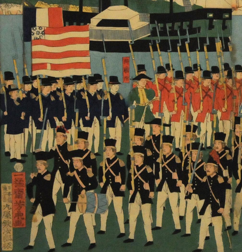 Foreign Soldiers from Five Countries at the Port of Yokohama
Color woodcut triptych,  c. 1860's
Signed in the block lower left corner  Signed: 