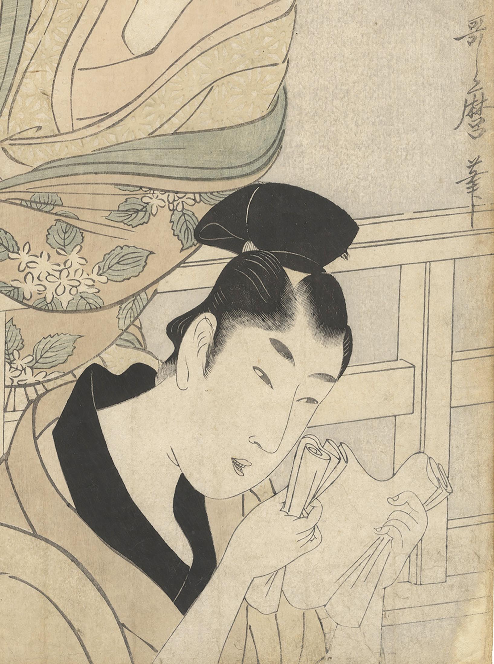 Hand-Crafted Utamaro, Original Japanese Woodblock Print, 18th Century, Beauty, 47 Rōnin, Edo For Sale