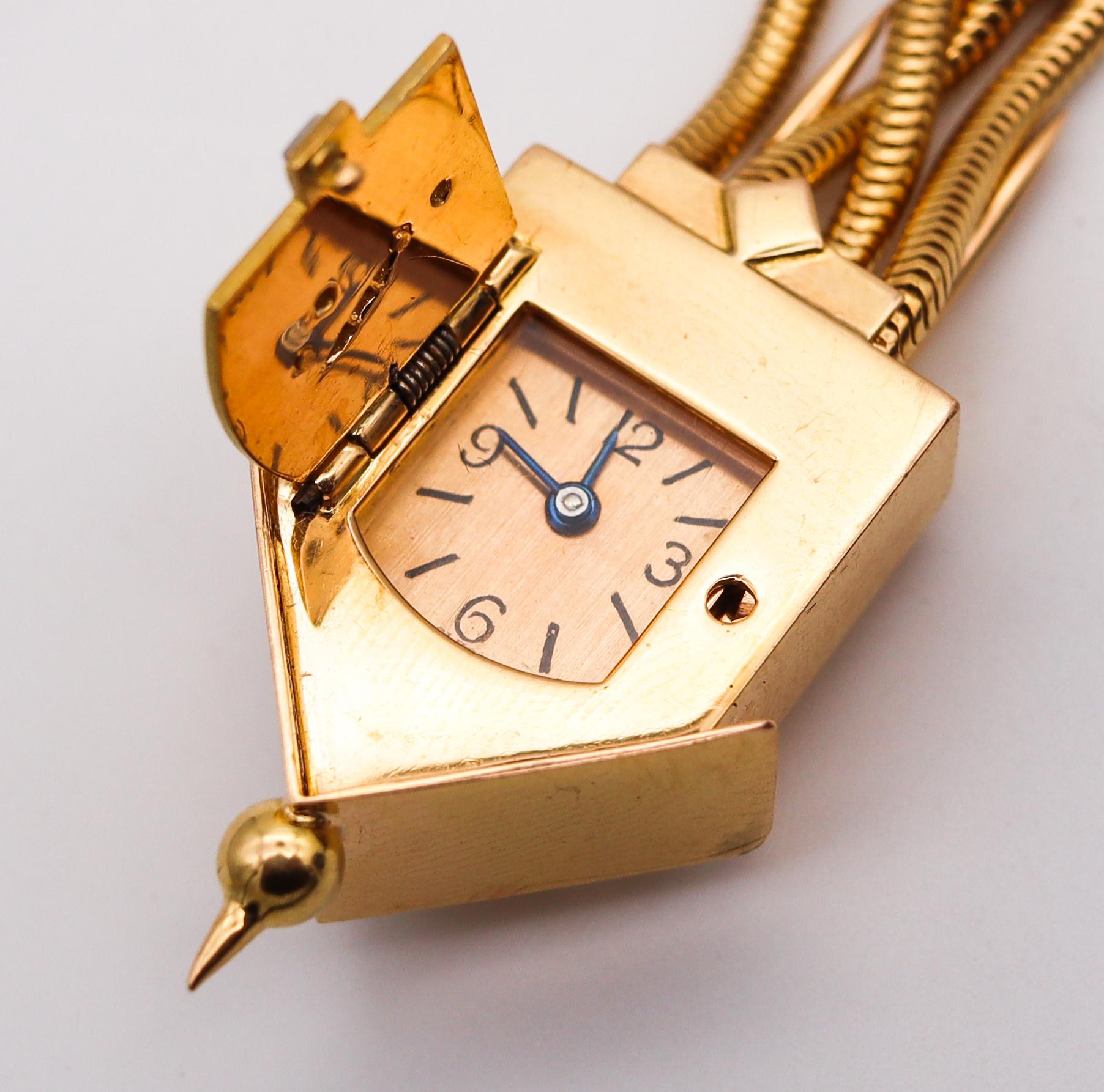 Retro UTI Paris 1948 for Eliakim Cairo Lapel Cuckoo Watch in 18kt Gold with Gemstones For Sale