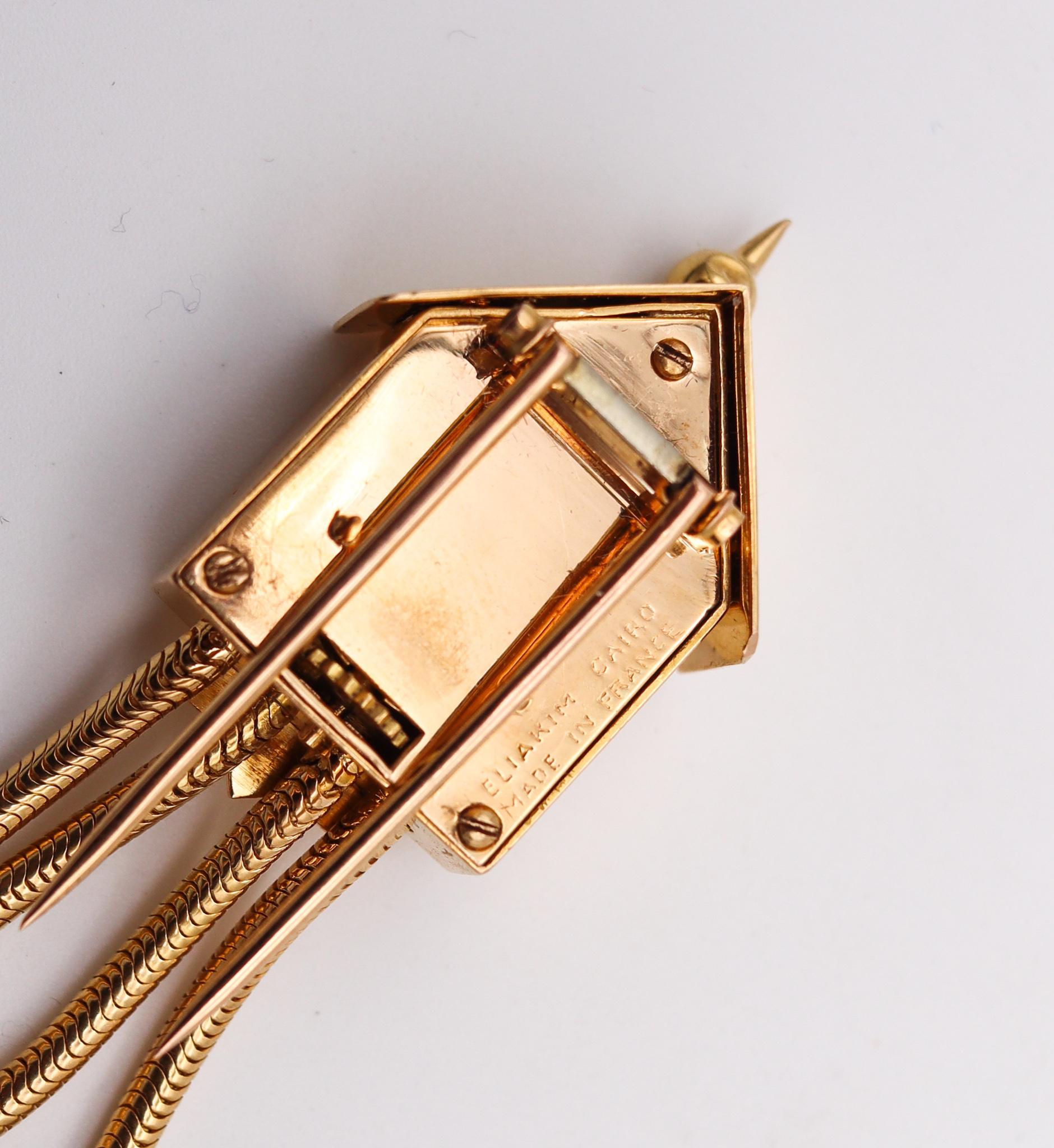 UTI Paris 1948 for Eliakim Cairo Lapel Cuckoo Watch in 18kt Gold with Gemstones In Excellent Condition In Miami, FL
