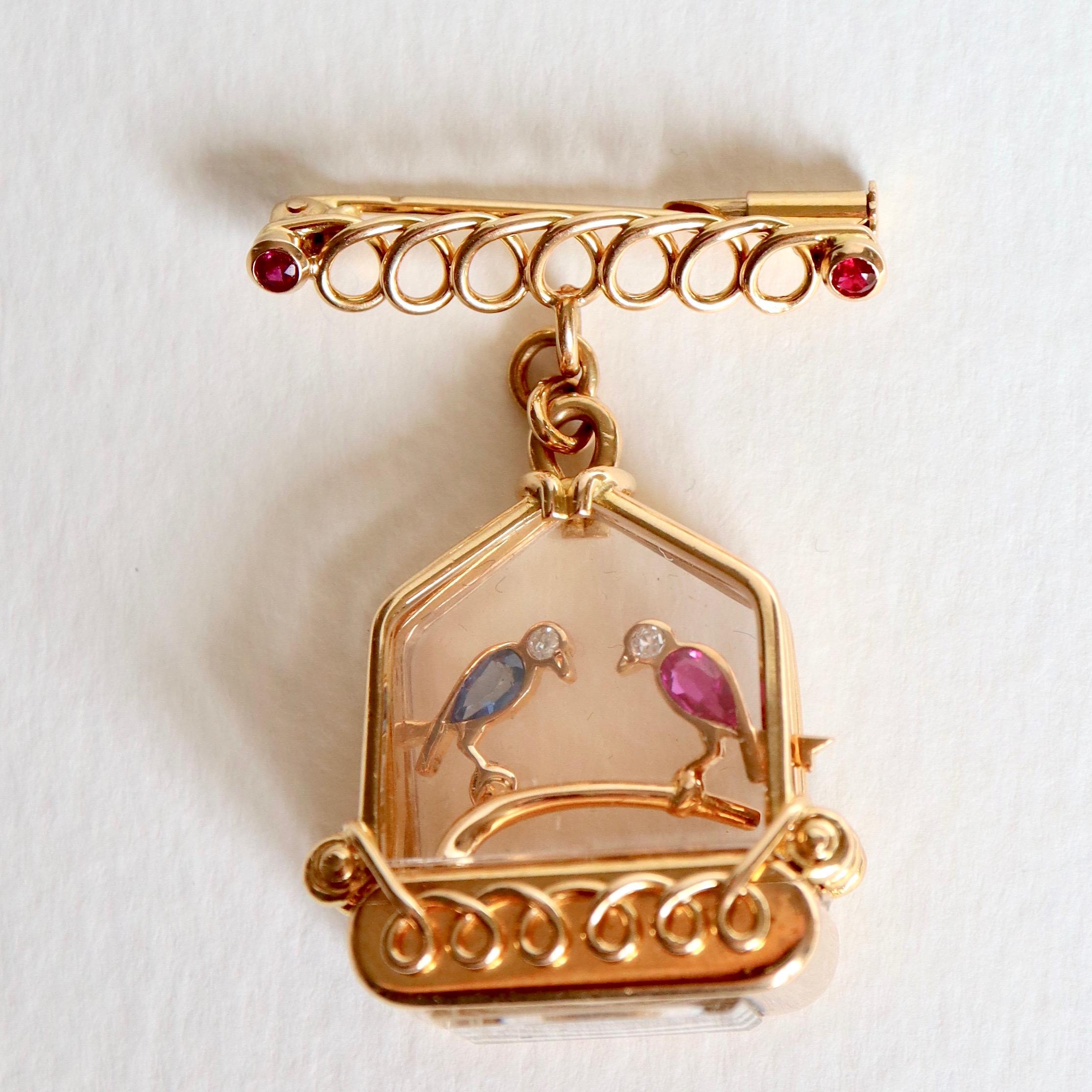 UTI Watch Caged Birds Brooch in 18 Carat Gold circa 1950 Ruby Sapphire Diamonds For Sale 3