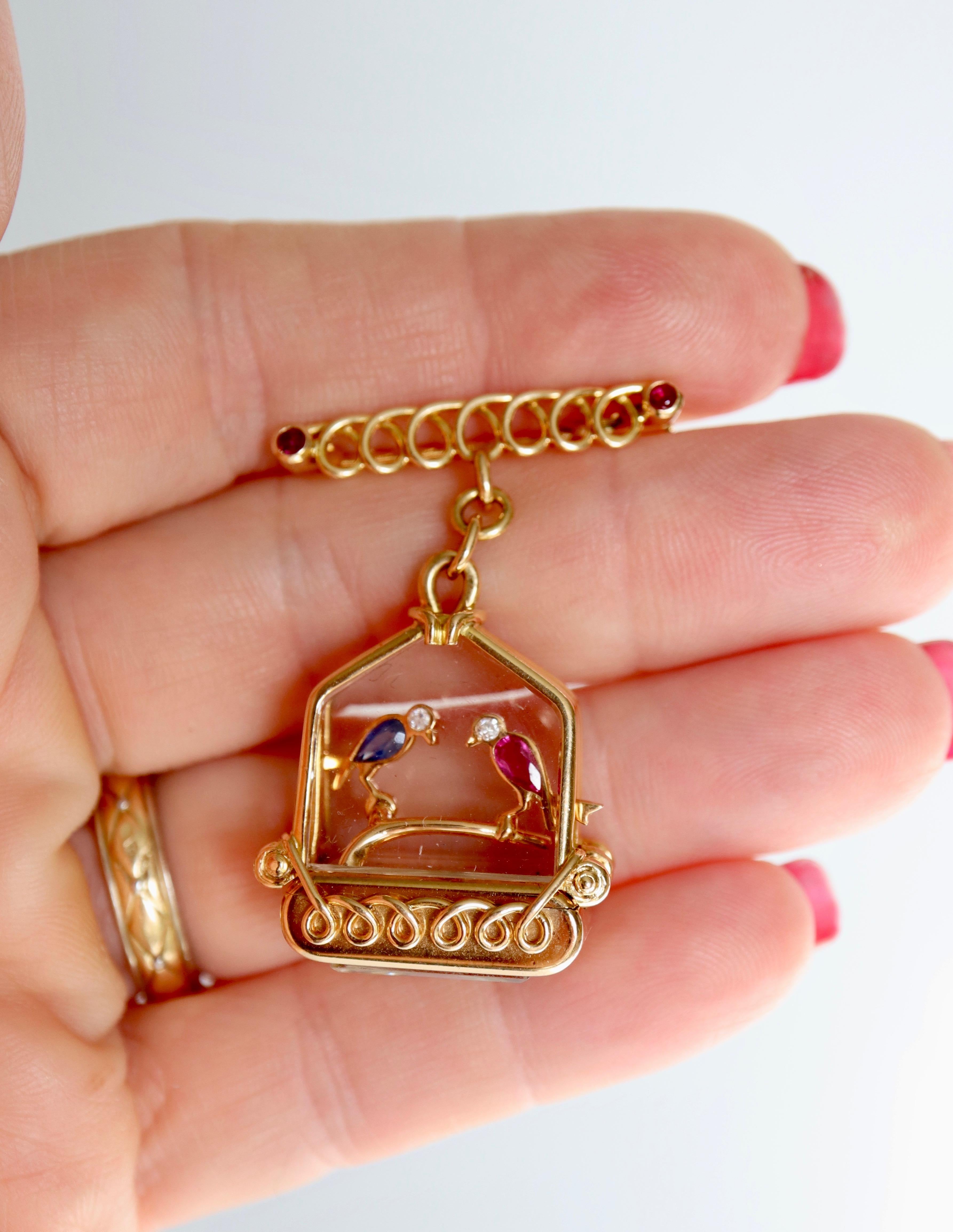 UTI Watch Caged Birds Brooch in 18 Carat Gold circa 1950 Ruby Sapphire Diamonds For Sale 4