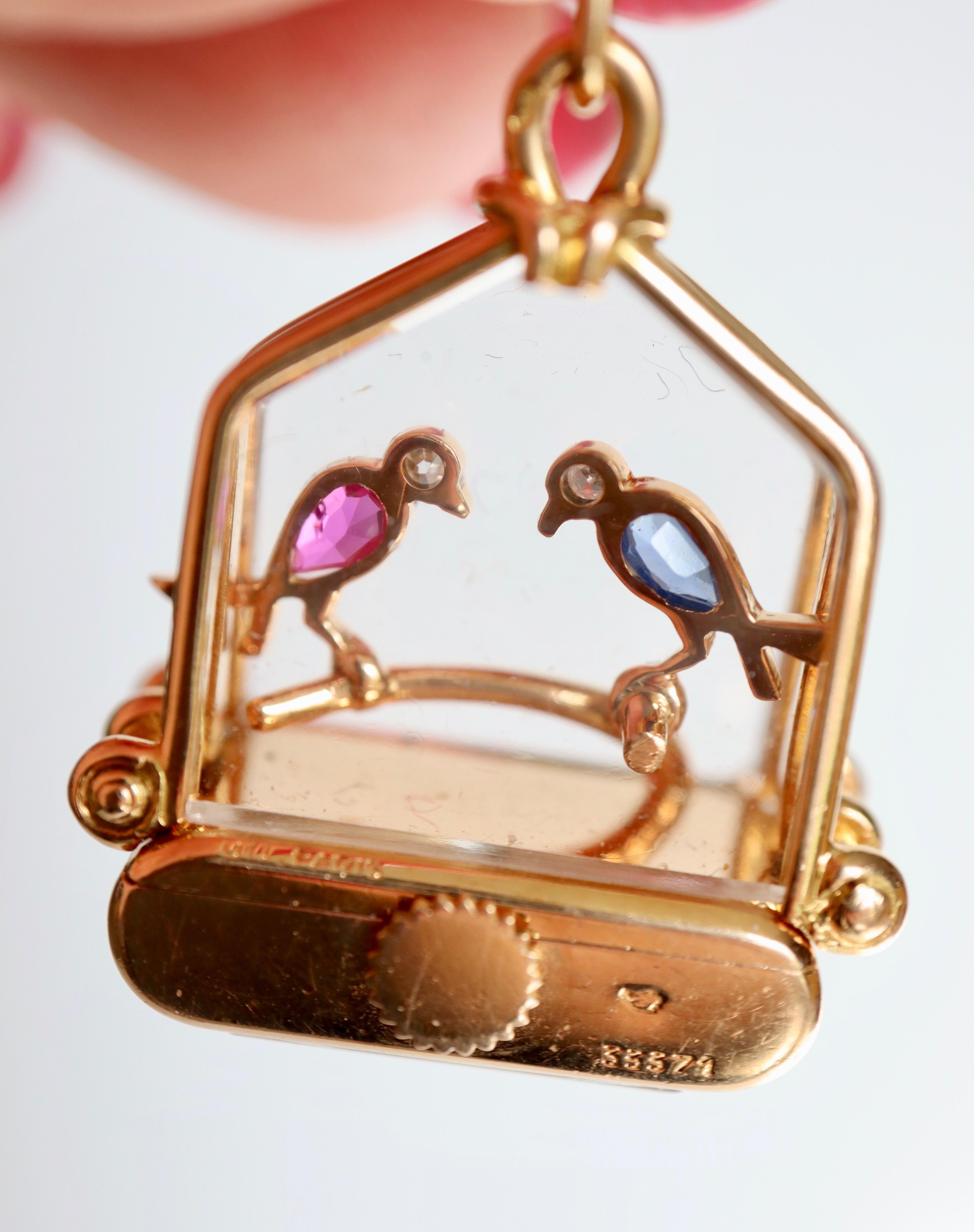 UTI Watch Caged Birds Brooch in 18 Carat Gold circa 1950 Ruby Sapphire Diamonds For Sale 5