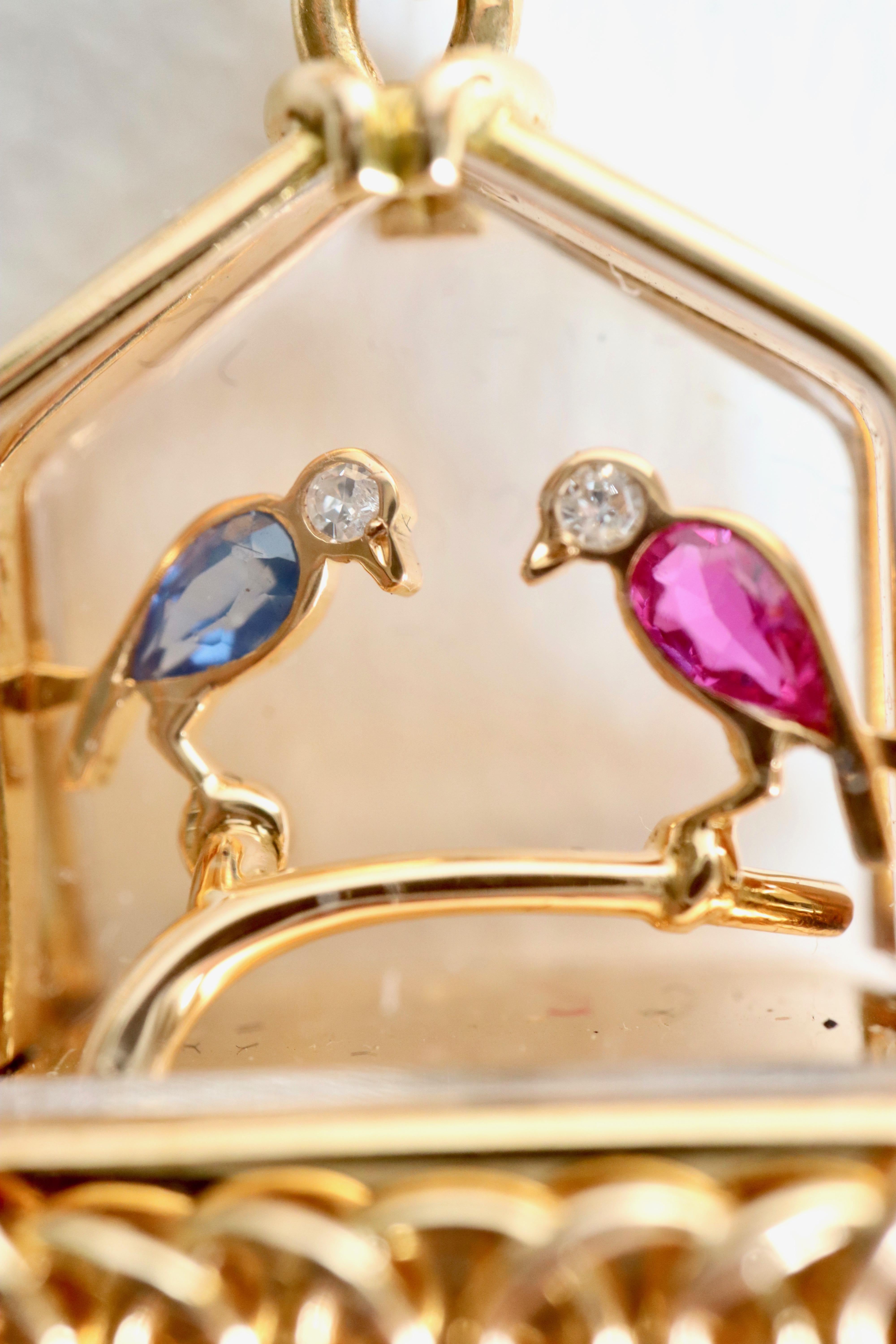 UTI Watch Caged Birds Brooch in 18 Carat Gold circa 1950 Ruby Sapphire Diamonds For Sale 1