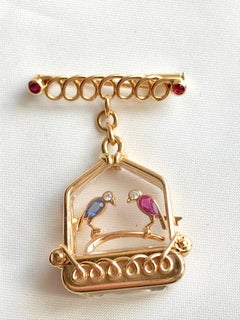 UTI Watch Spilla Uccelli in Gabbia in oro 18 carati circa 1950 Rubino Zaffiro Diamanti