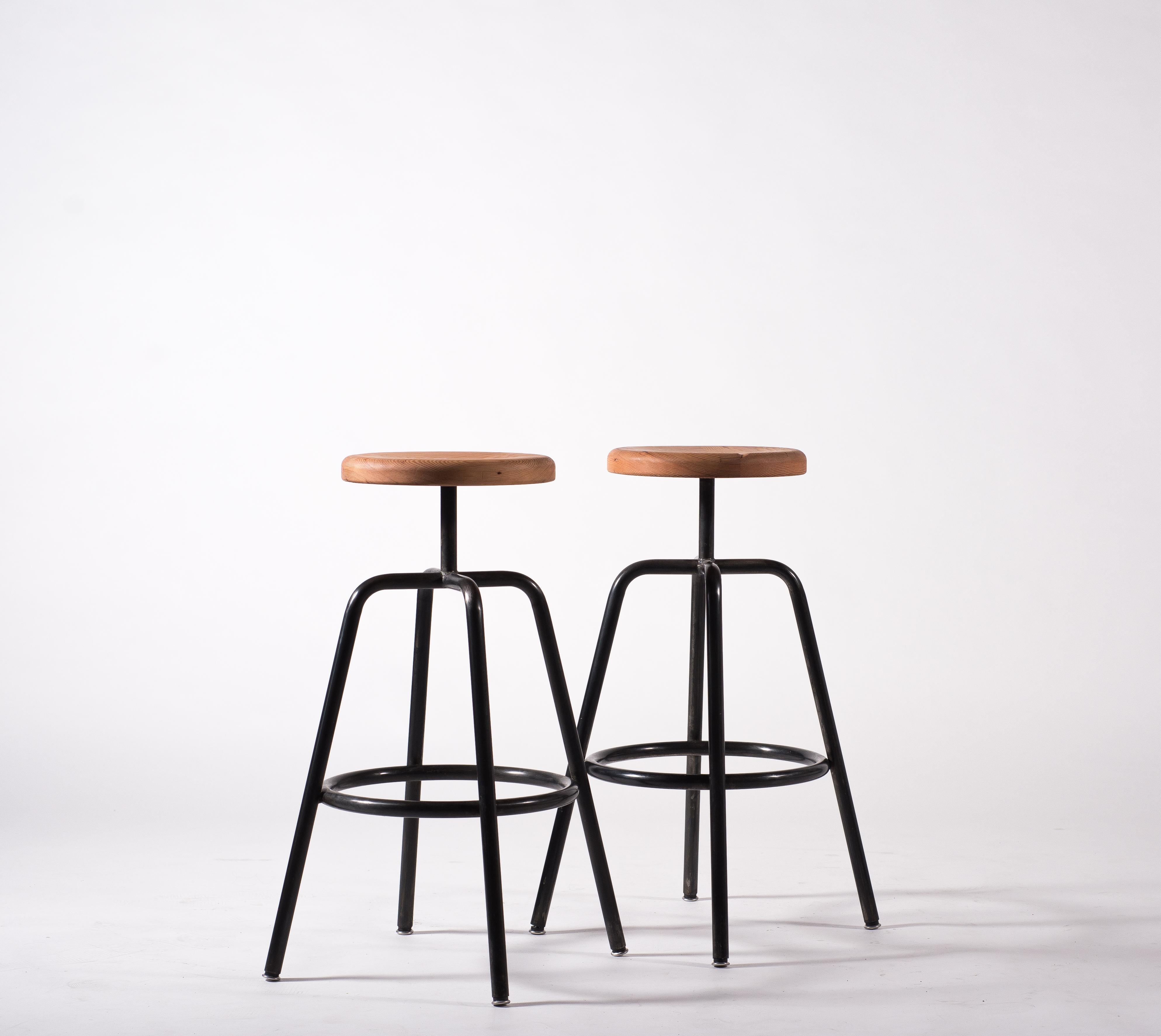 Simple and strong. A utility bar stool that incorporates vintage Douglas fir wood and repurposes it for a seat. Softened by hand, the seat shines in all its aged imperfections, counterbalancing the clean and clear steel pipe leg construction.