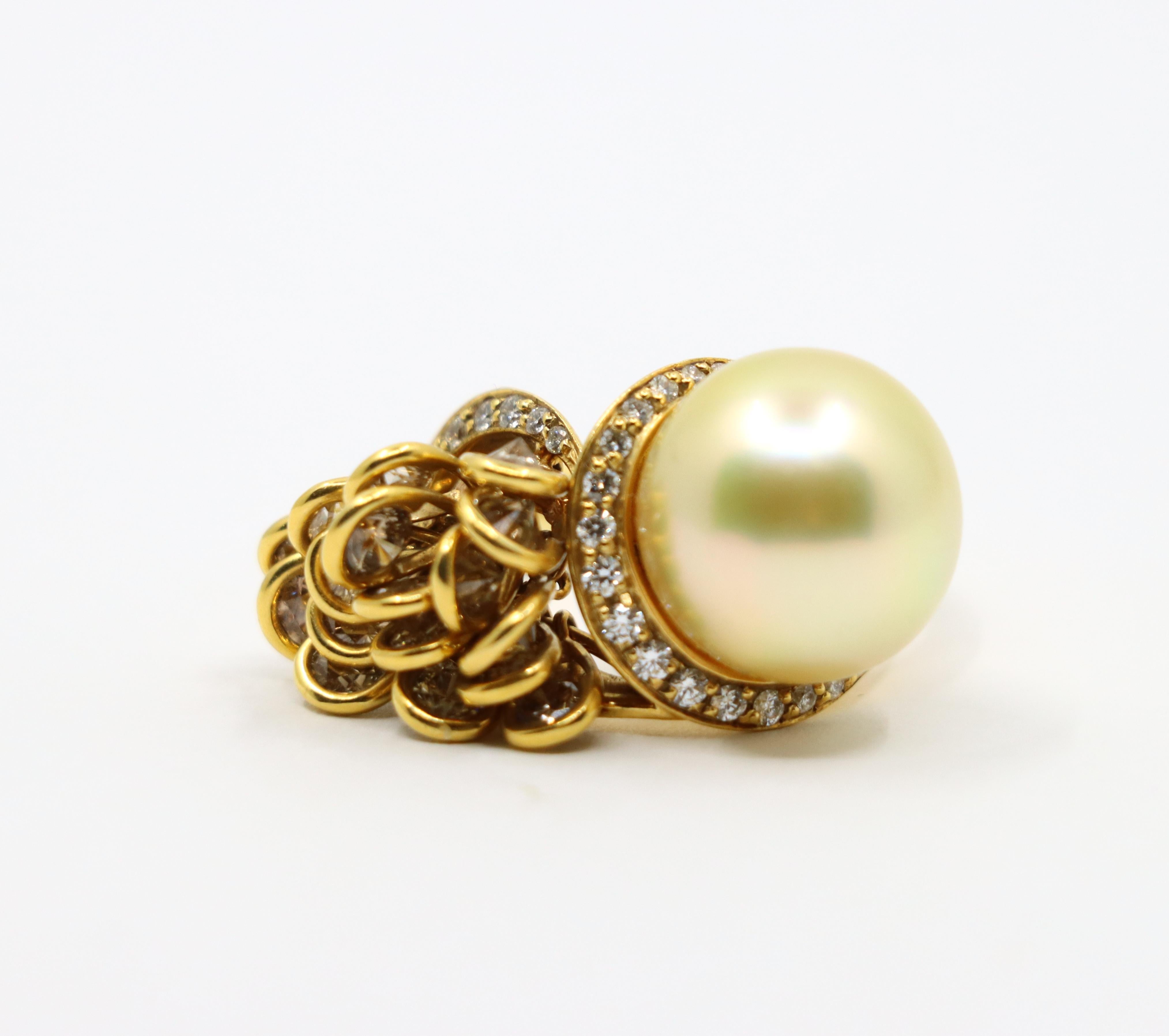 Utopia 18K Gold Diamant Perlen Cocktail Ring (Rundschliff) im Angebot