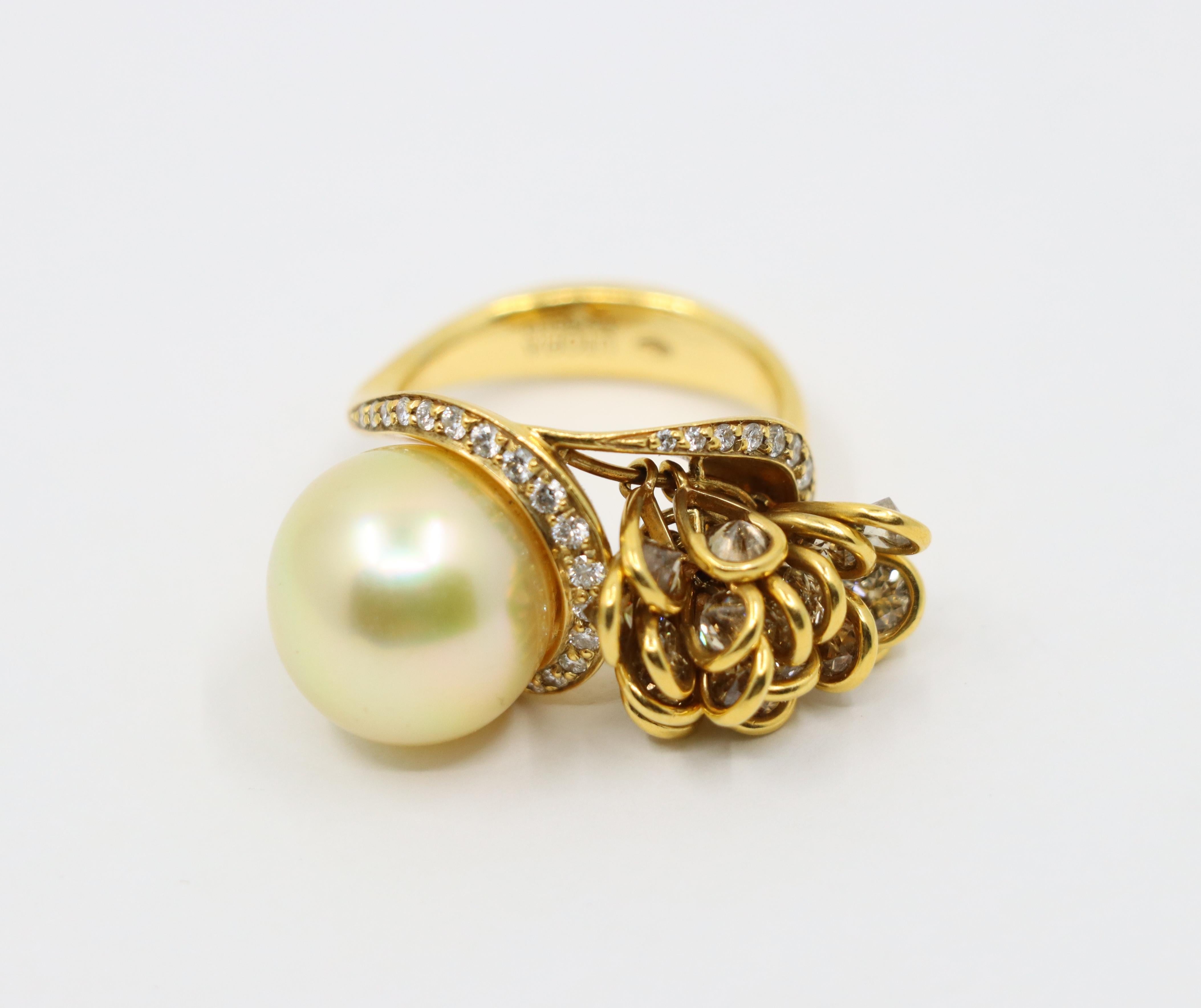 Utopia 18K Gold Diamant Perlen Cocktail Ring im Zustand „Gut“ im Angebot in Flushing, NY