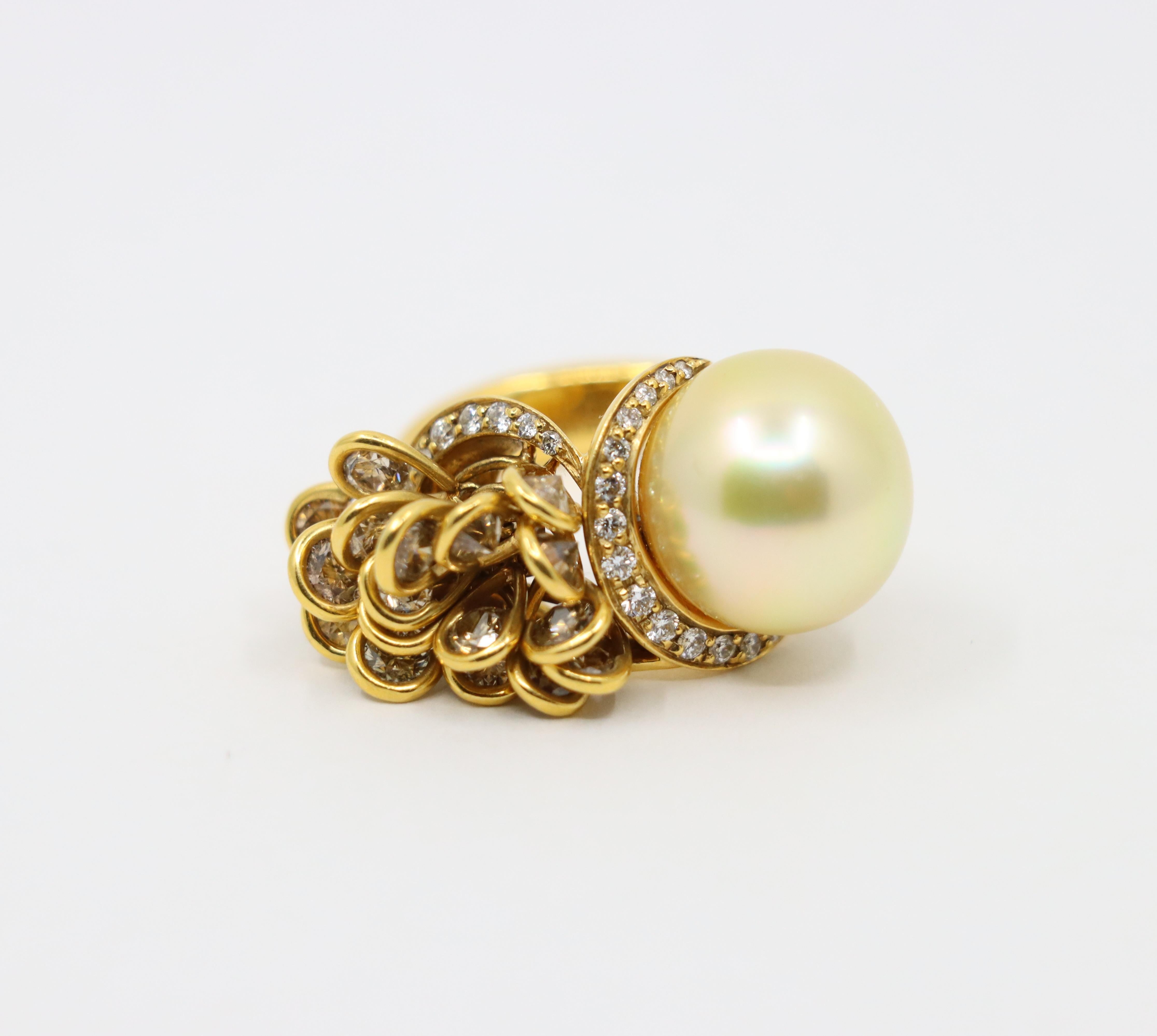 Utopia 18K Gold Diamant Perlen Cocktail Ring für Damen oder Herren im Angebot