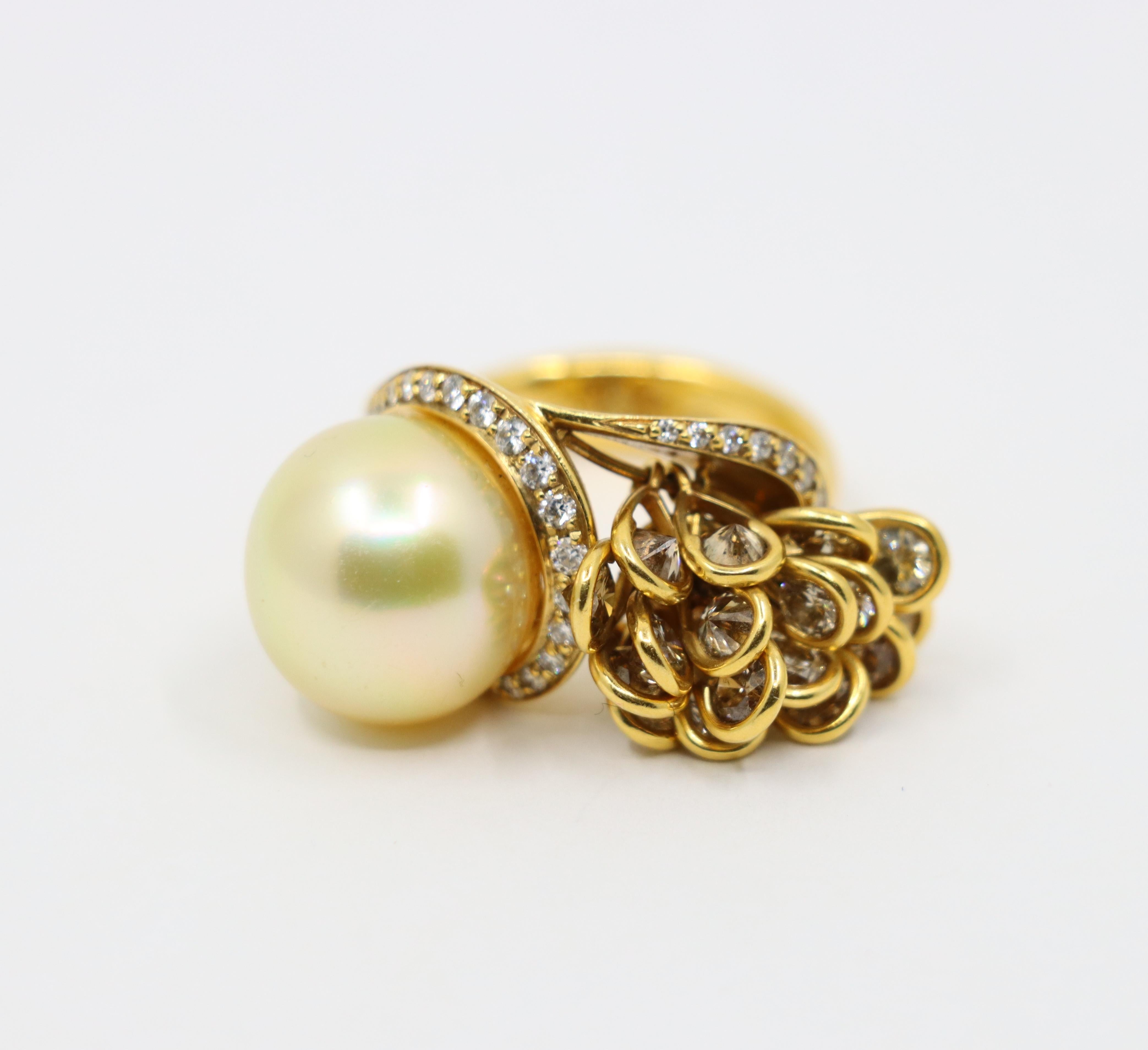 Utopia 18K Gold Diamant Perlen Cocktail Ring im Angebot 1
