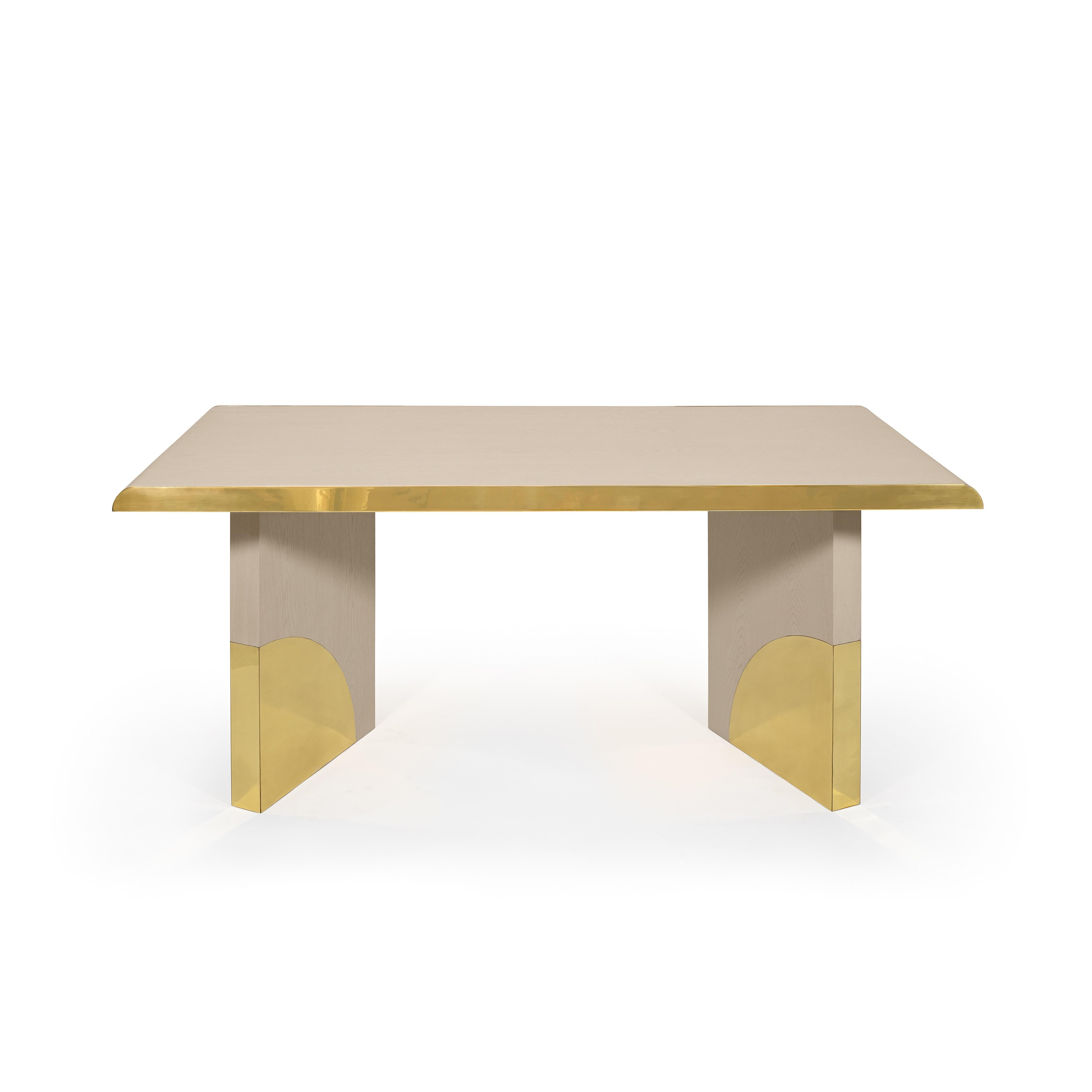 The utopia desk is designed in the likeness of the architectural scale that suggests a crossing through the structures of a utopian city, organized by the principles of symmetry and ideal forms.

The imposing design combines cream oak and polished