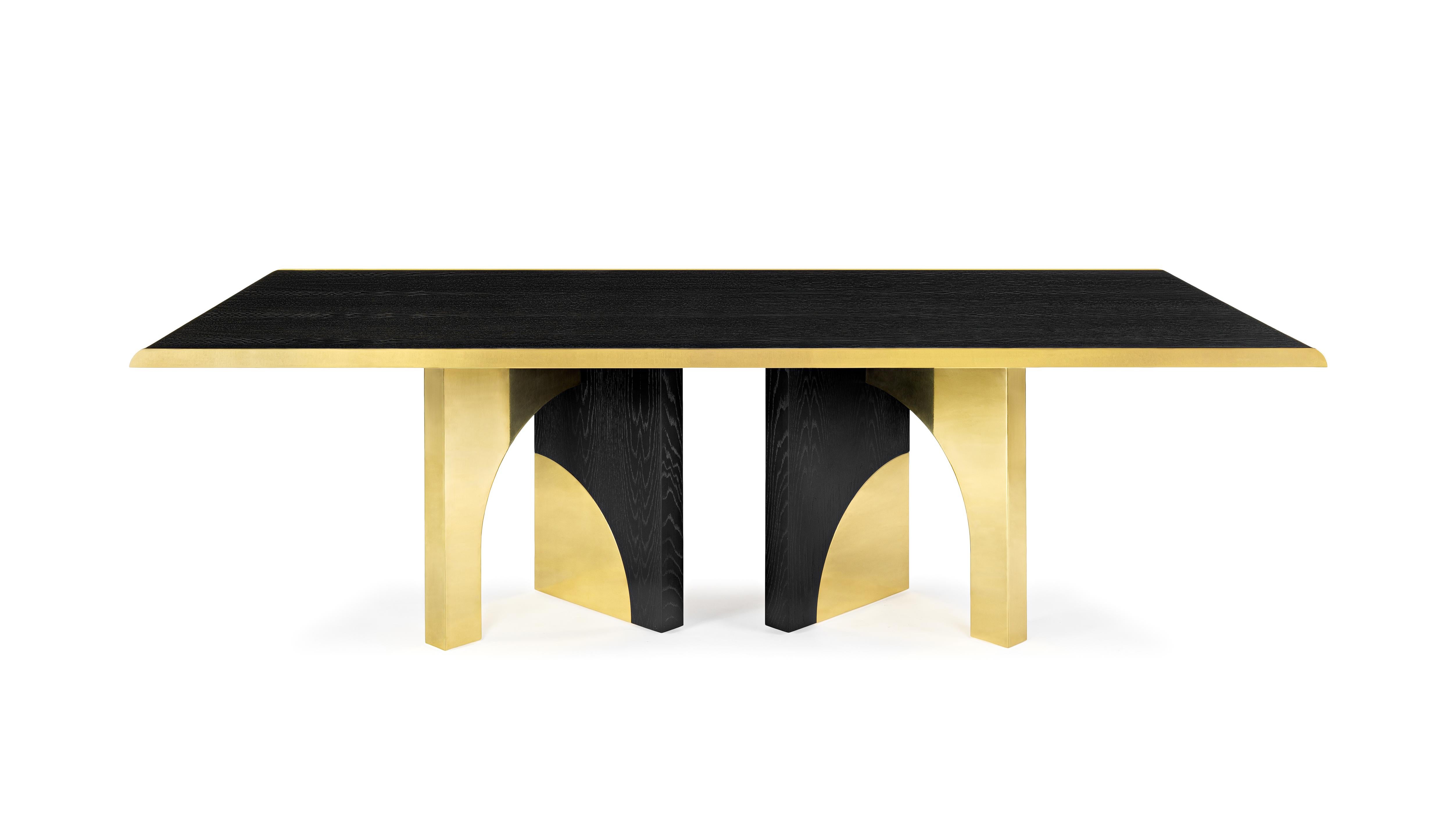Utopia Dining Table by InsidherLand
Dimensions: D 115 x W 240 x H 74 cm.
Materials: Dark oak veneer with open grain and polished brass.
170 kg.
Also available in polished steel.

Since the Renaissance, many attempts have been made to develop ideal