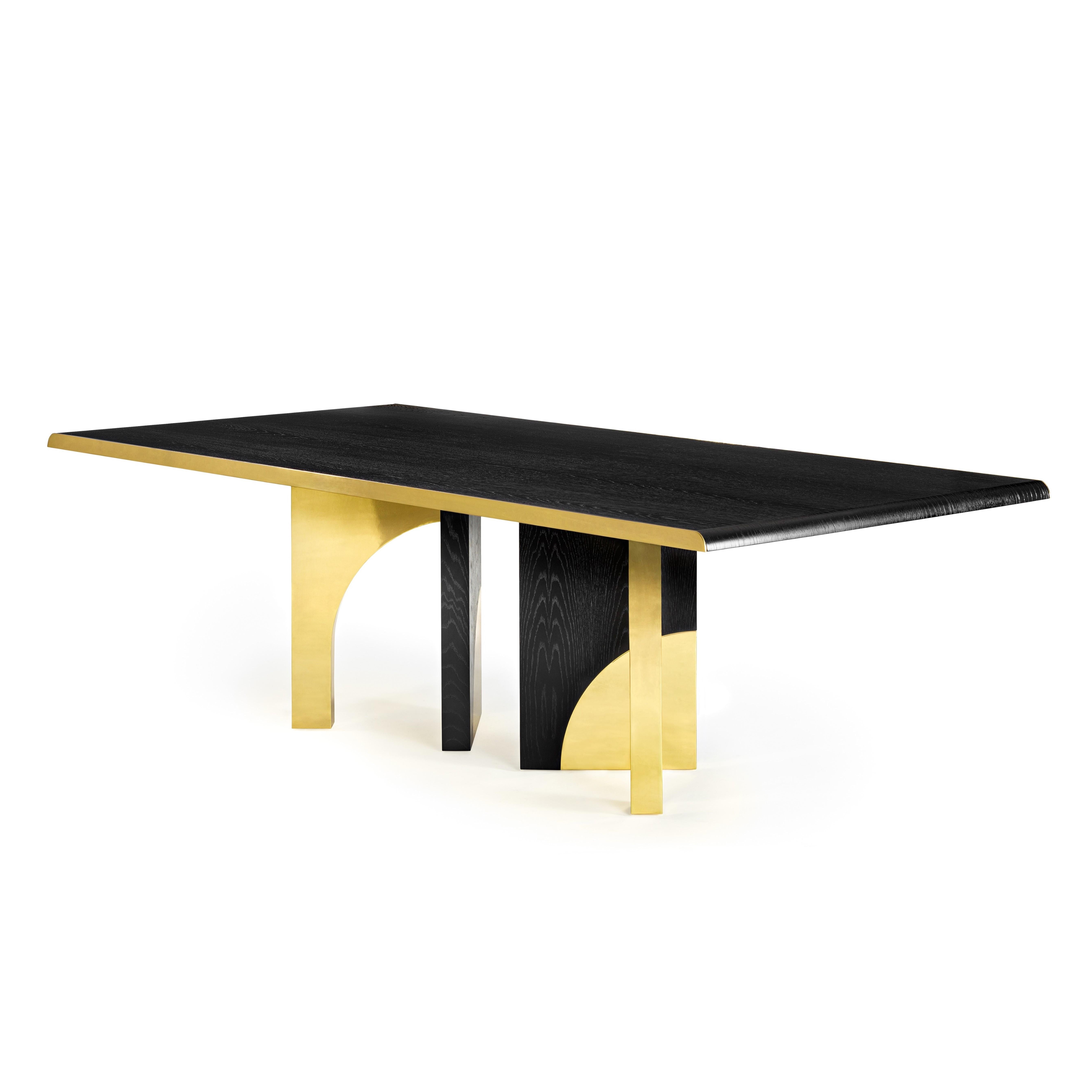 The Utopia dining table is designed in the likeness of the architectural scale that suggests a crossing through the structures of a utopian city, organized by the principles of symmetry and ideal forms.
The imposing design combines dark oak and