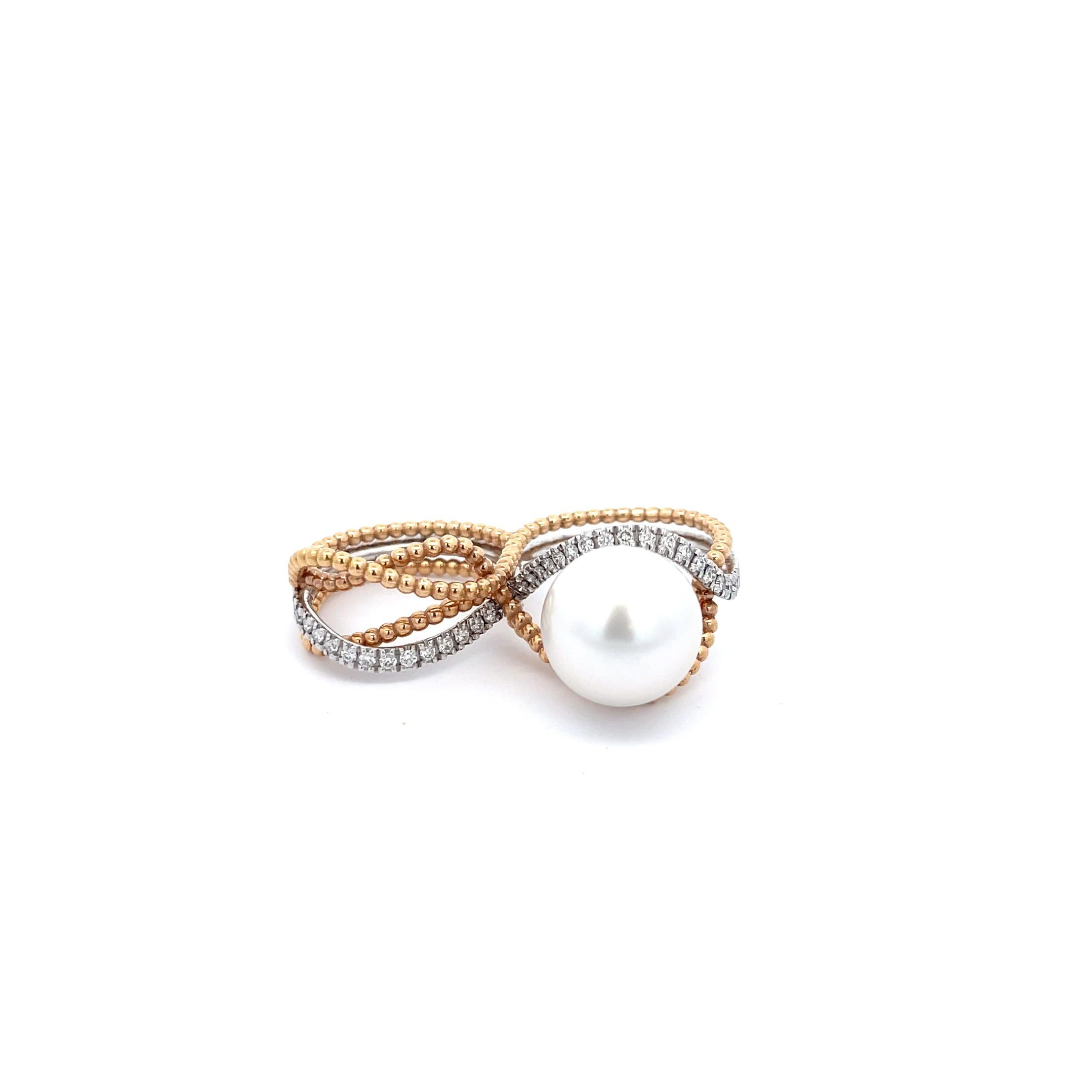 Round Cut Utopia Double Finger Pearl & Diamond Ring in 18K White Yellow Gold For Sale