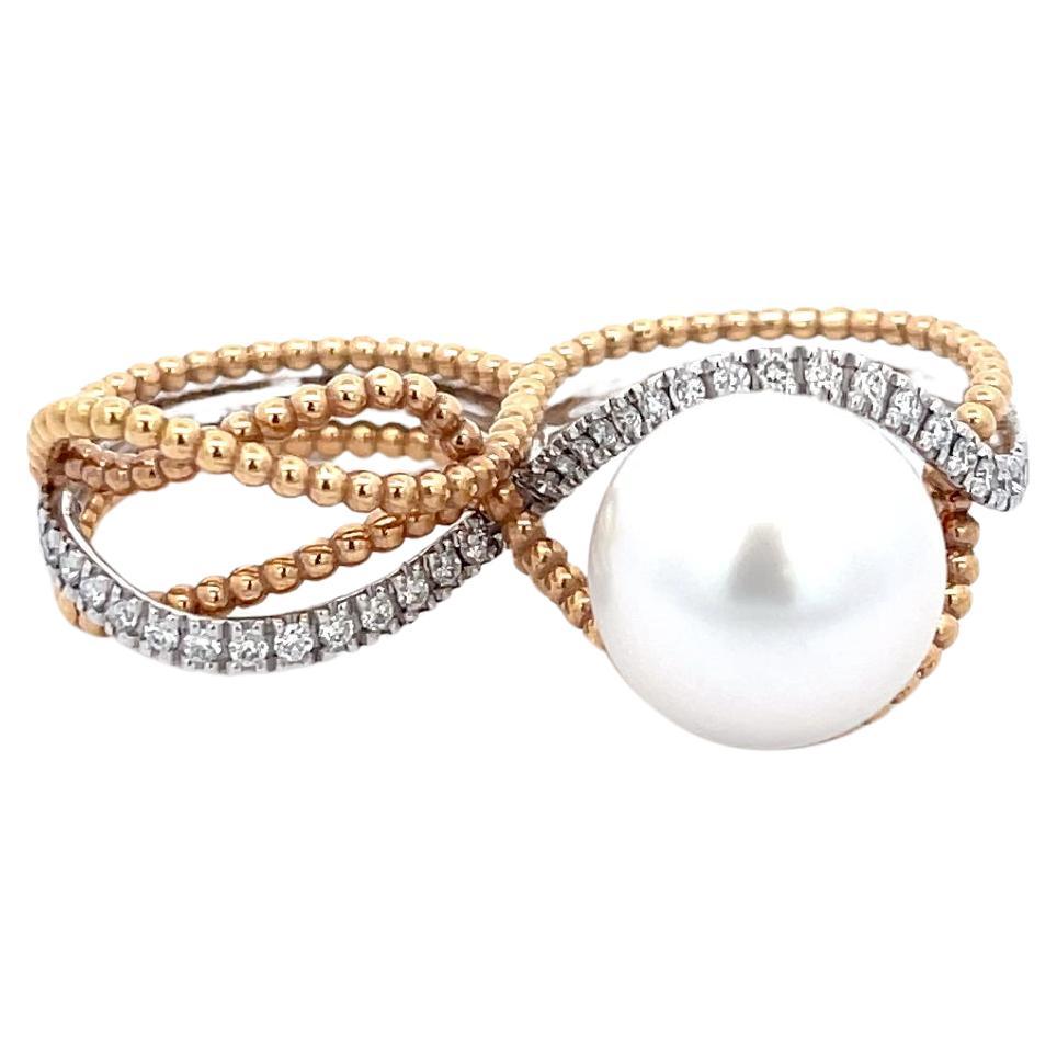 Utopia Double Finger Pearl & Diamond Ring in 18K White Yellow Gold For Sale