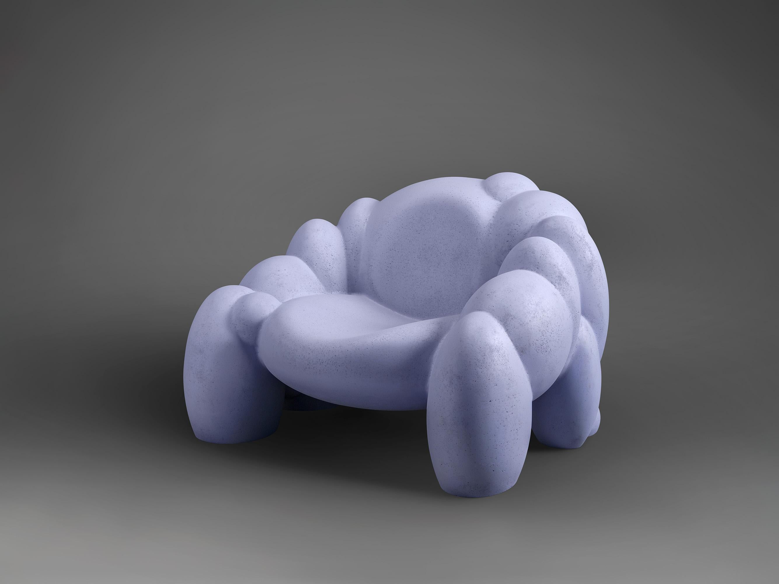 This armchair has a ballooning cellular form, as if constantly growing outwards, multiplying itself to overtake the surrounding space and embodies a Utopian dream of abundant, ever growing nature. There are four lilac armchairs all positioned around