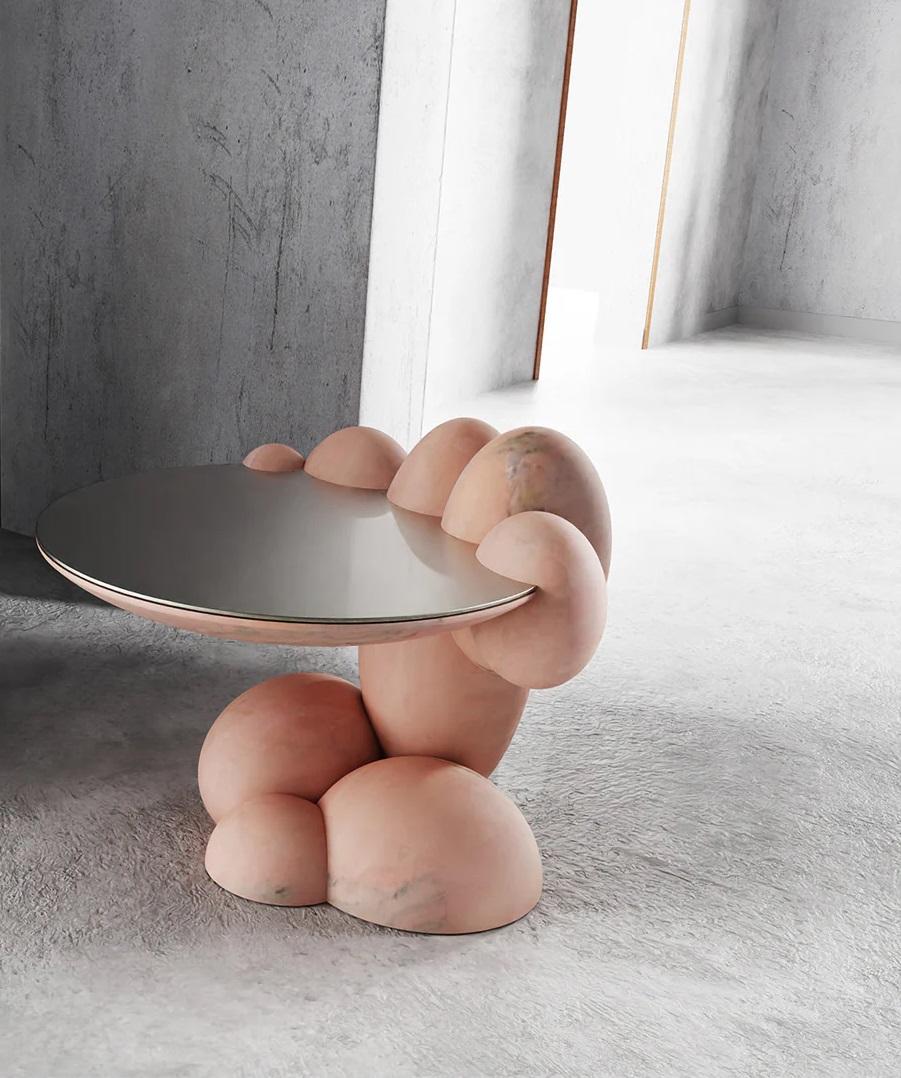 Utopia Short Rosa Portugalo Side Table by Bohinc Studio
Limited Edition of 3+2 Pieces.
Dimensions: D 77 x W 68 x H 62 cm. 
Materials: Brass and Rosa Portugalo marble.

Utopia Tall and Short Side Tables by designer Lara Bohinc is the latest addition