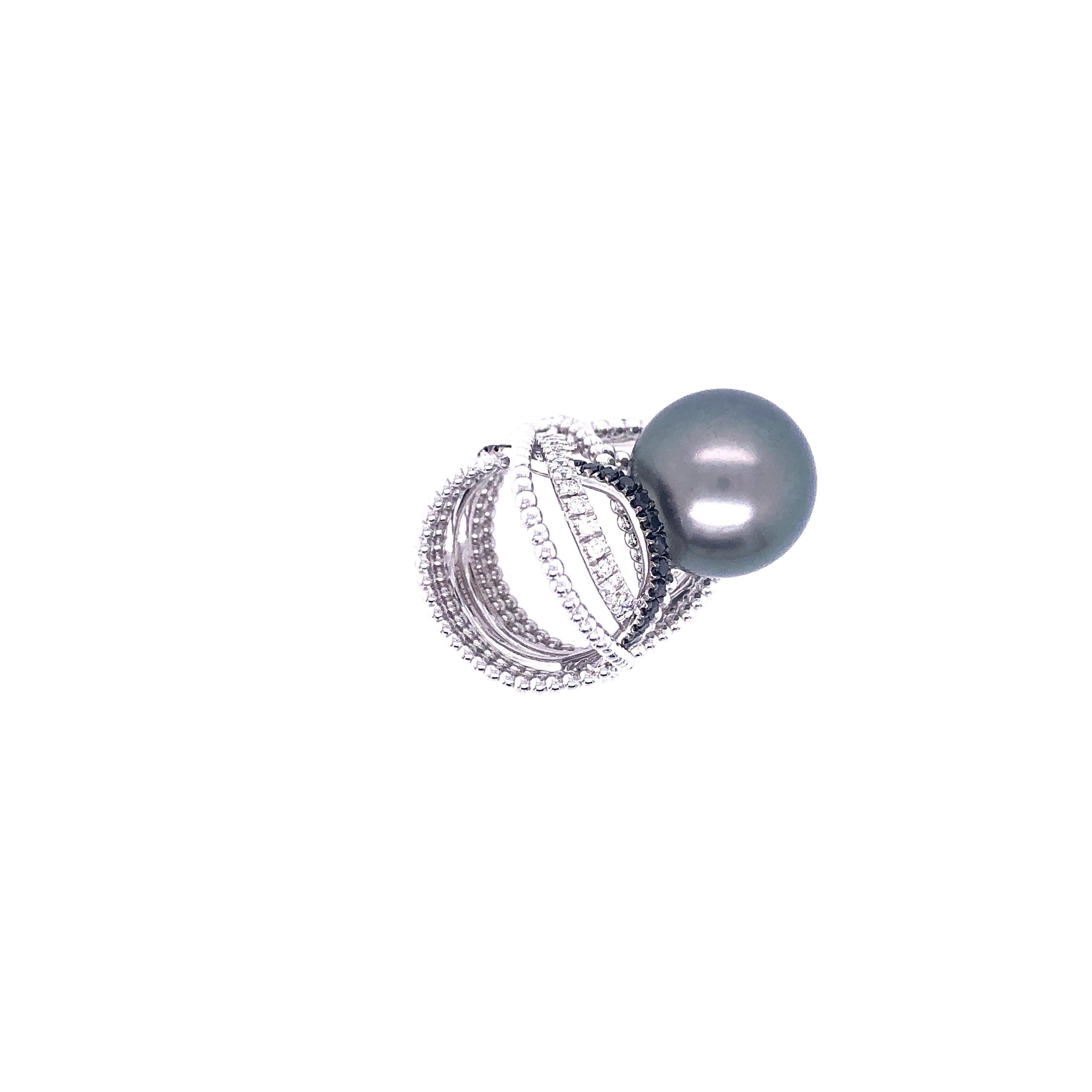 18K White Gold Utopia Tahitian Pearl Ring with Black and White Diamonds. Exquisite Bead Work on the Back of this phenomenal ring.  