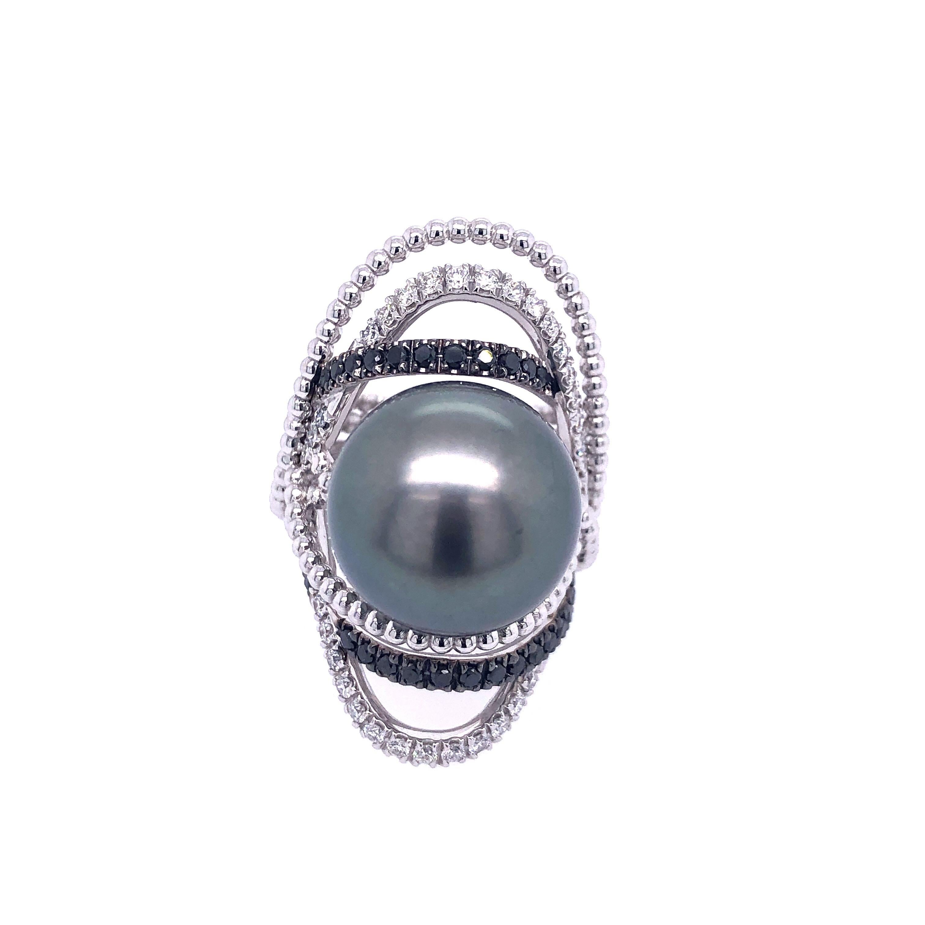 Modern Utopia White Gold Tahitian Pearl Black and White Diamond Ring