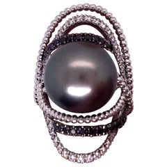 Utopia White Gold Tahitian Pearl Black and White Diamond Ring