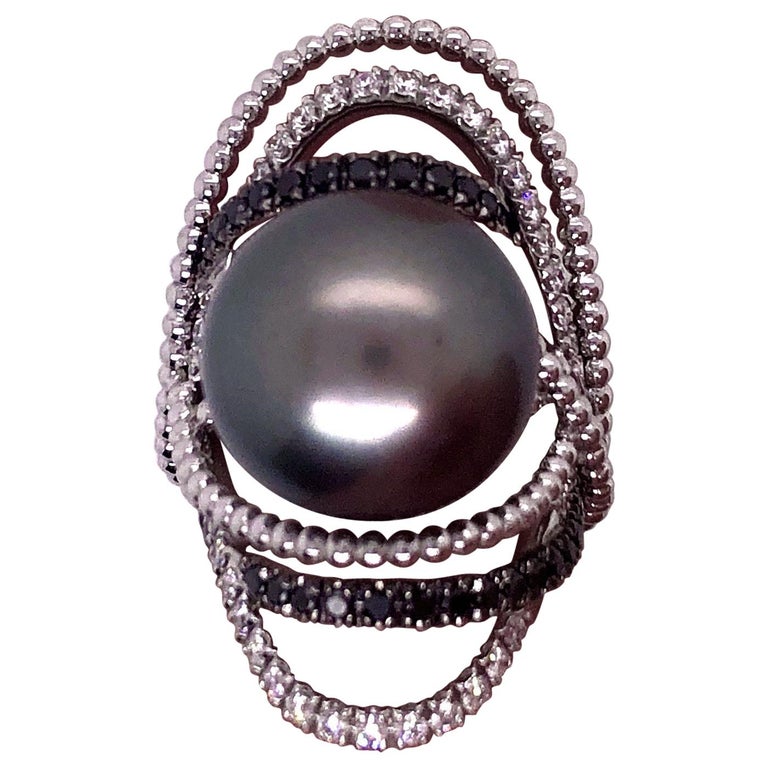 Utopia White Gold Tahitian Pearl Black and White Diamond Ring at 1stDibs