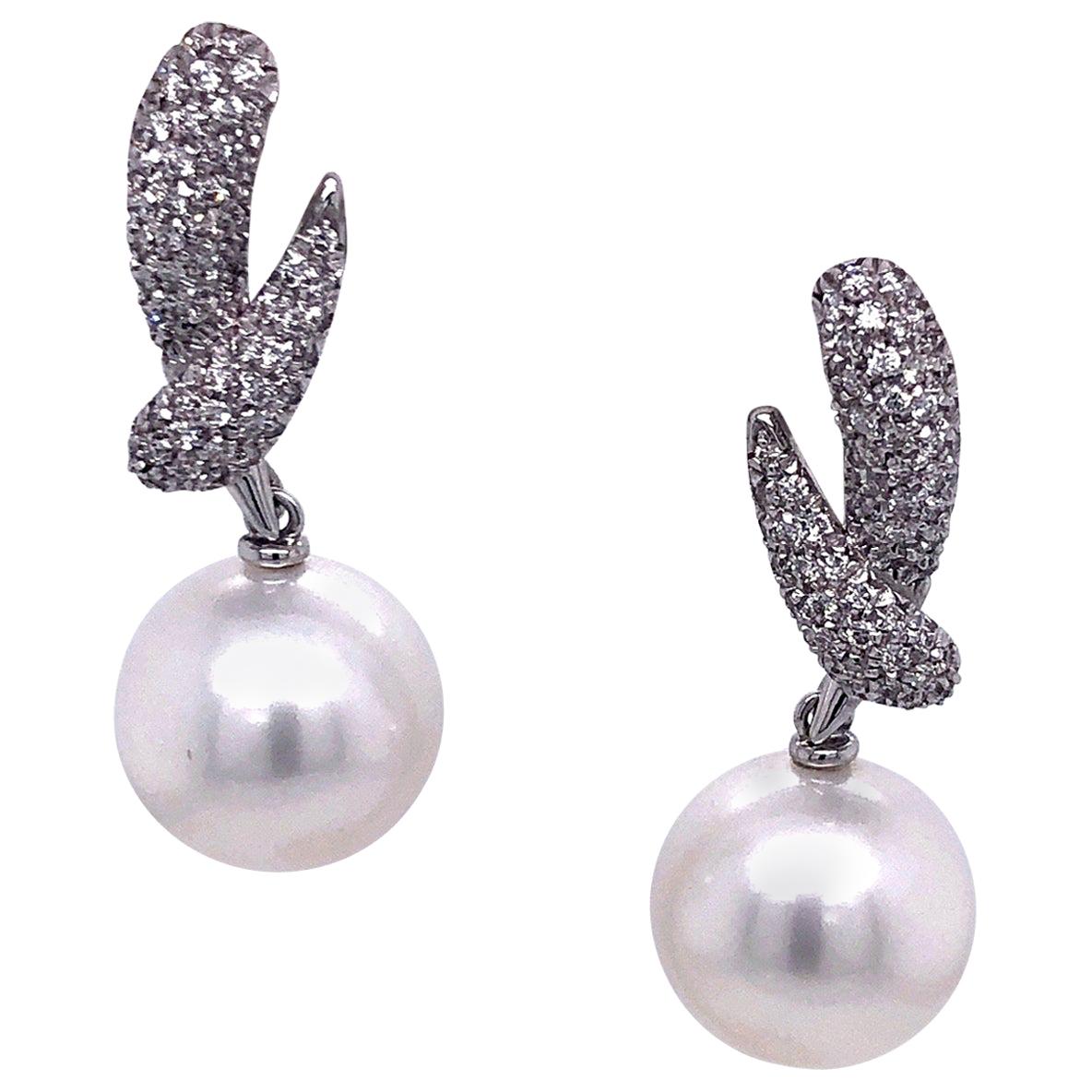 Utopia White Pearl and Diamond Drop Earrings For Sale