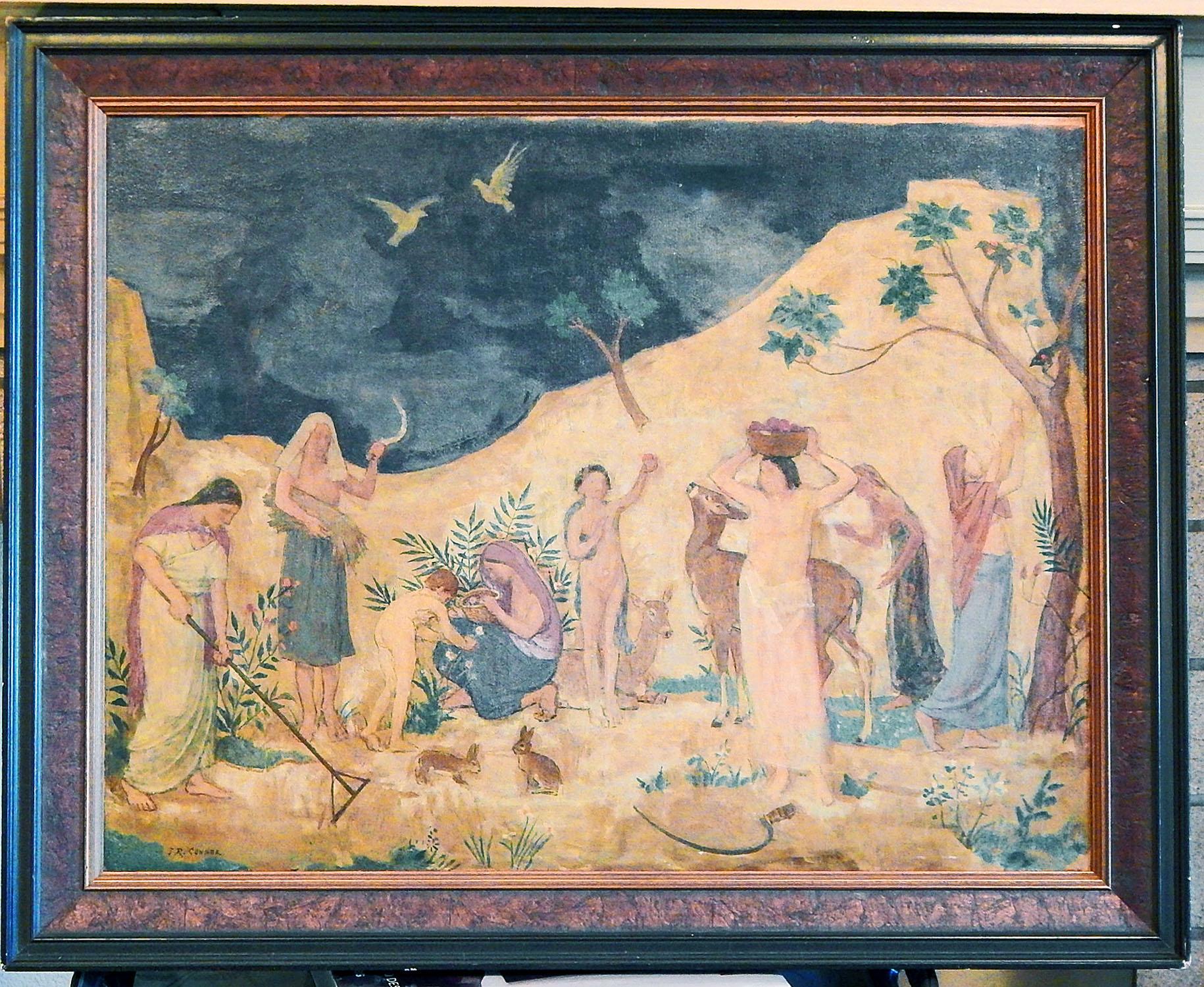 Ravissante peinture Art Déco avec frise de travaux agraires, motif utopique, 1946 Bon état - En vente à Philadelphia, PA