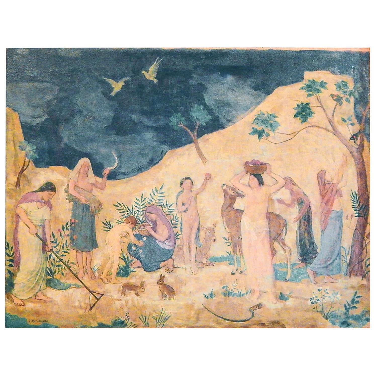 "Utopian Motif, " Lovely Art Deco Painting with Frieze of Agrarian Labors, 1946 For Sale