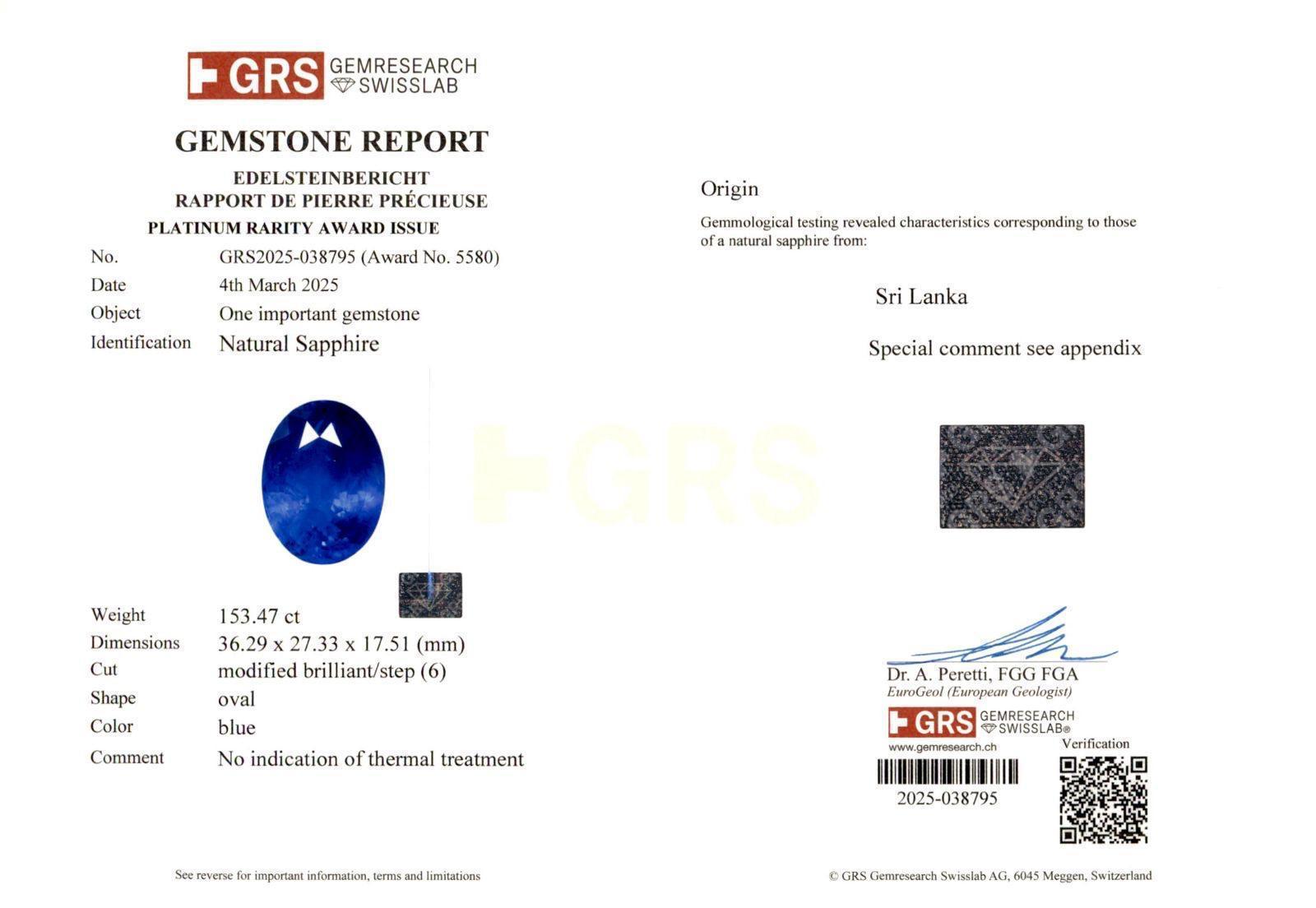 

Ultra-Rare 153.47ct Natural Sapphire from Sri Lanka (No Heat) Certified by GRS

Presenting a truly exceptional gemstone: a whopping 153.47 carat natural sapphire Sri Lanka origin with a striking bleu color and expertly cut into an elegant oval