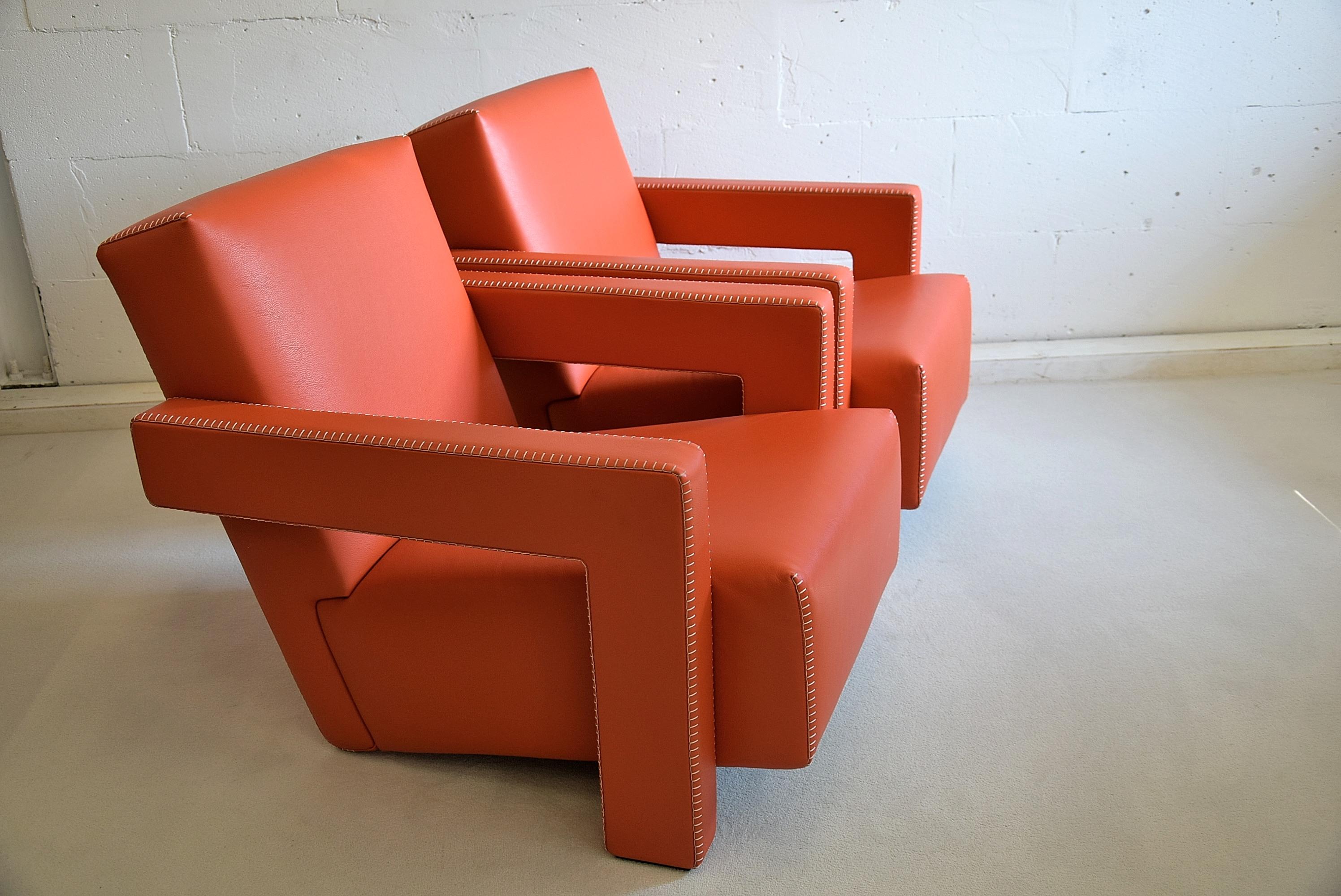 Hermes Orange Leather Utrecht Armchairs by Gerrit Rietveld 1