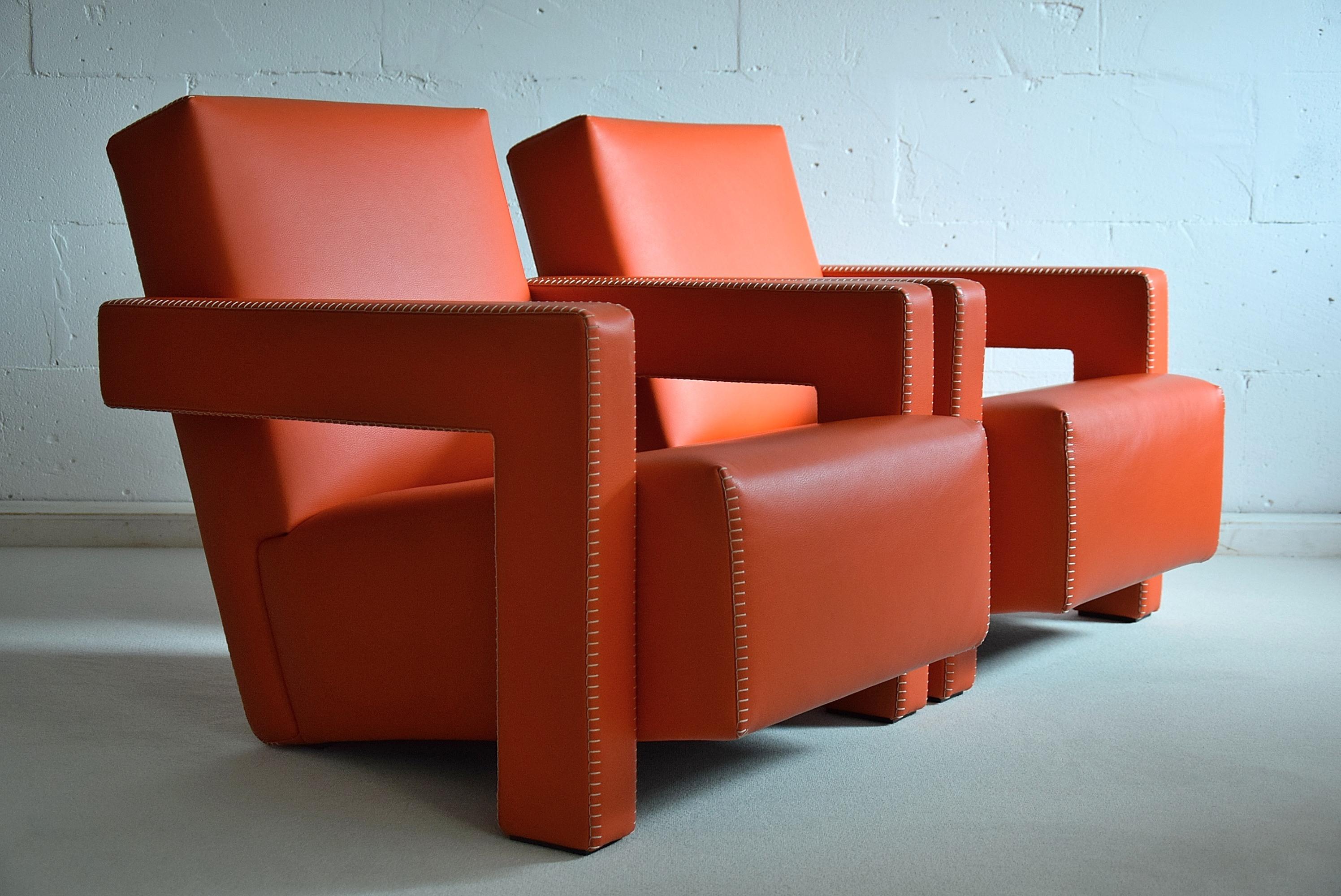 Gerrit Rietveld Hermès orange leather Utrecht armchairs in fantastic condition. Rietveld, Dutch architect with a strong bent for experimentation, and one of the founders, with Mondrian, of the neo-plastic de stijl movement in 1917, designed the