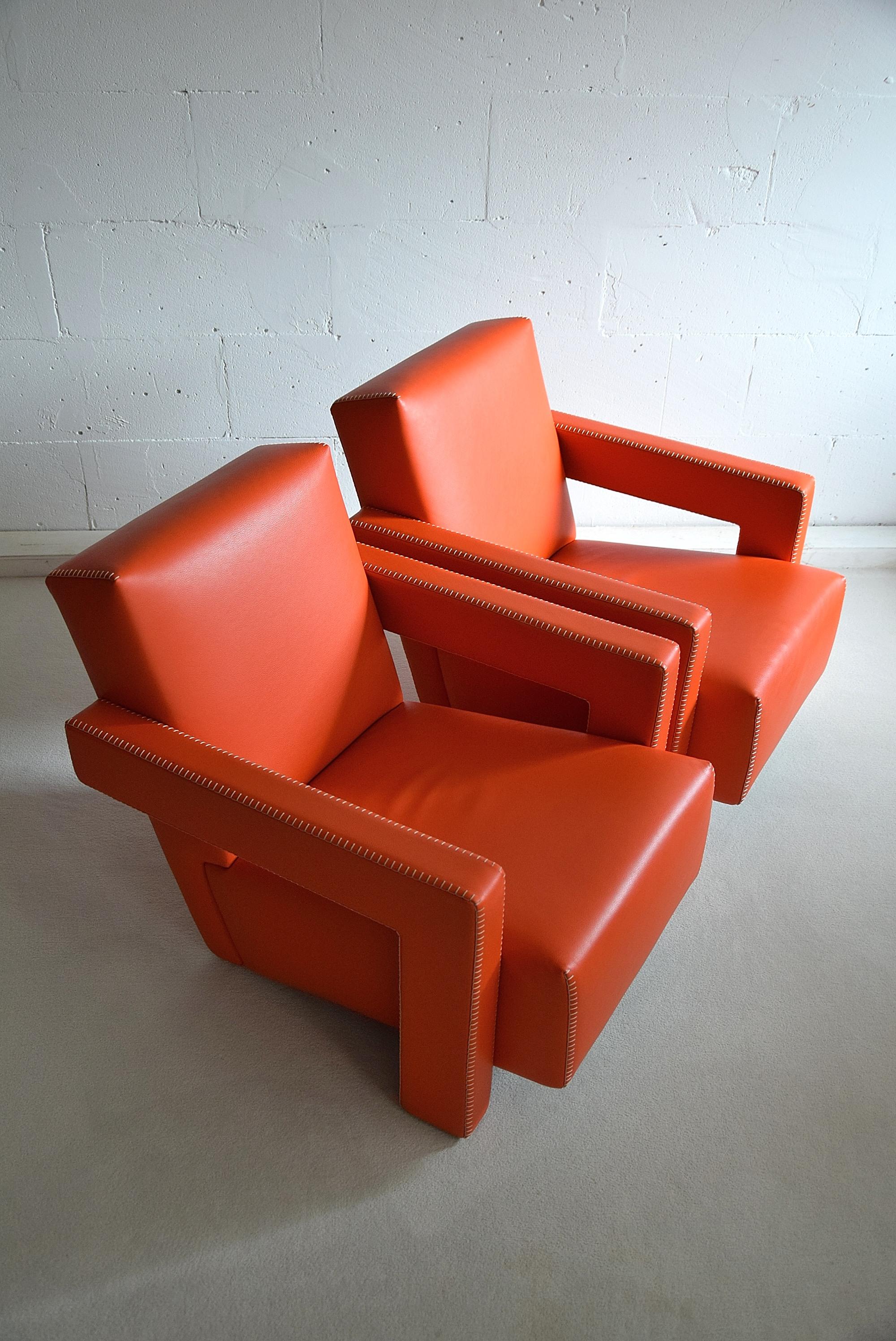 De Stijl Hermes Orange Leather Utrecht Armchairs by Gerrit Rietveld