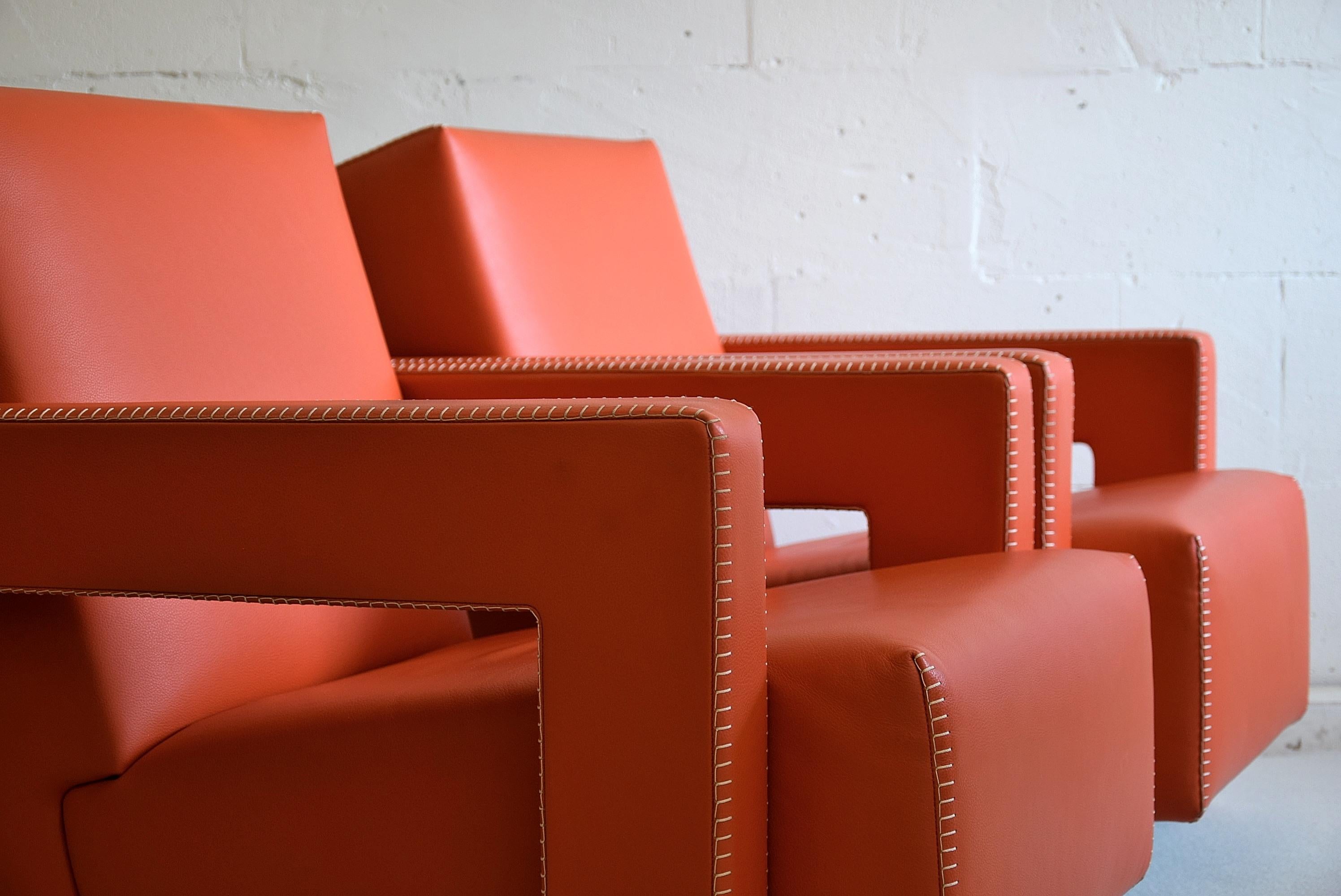 De Stijl Gerrit Rietveld Leather Hermes Orange Utrecht Lounge Chairs