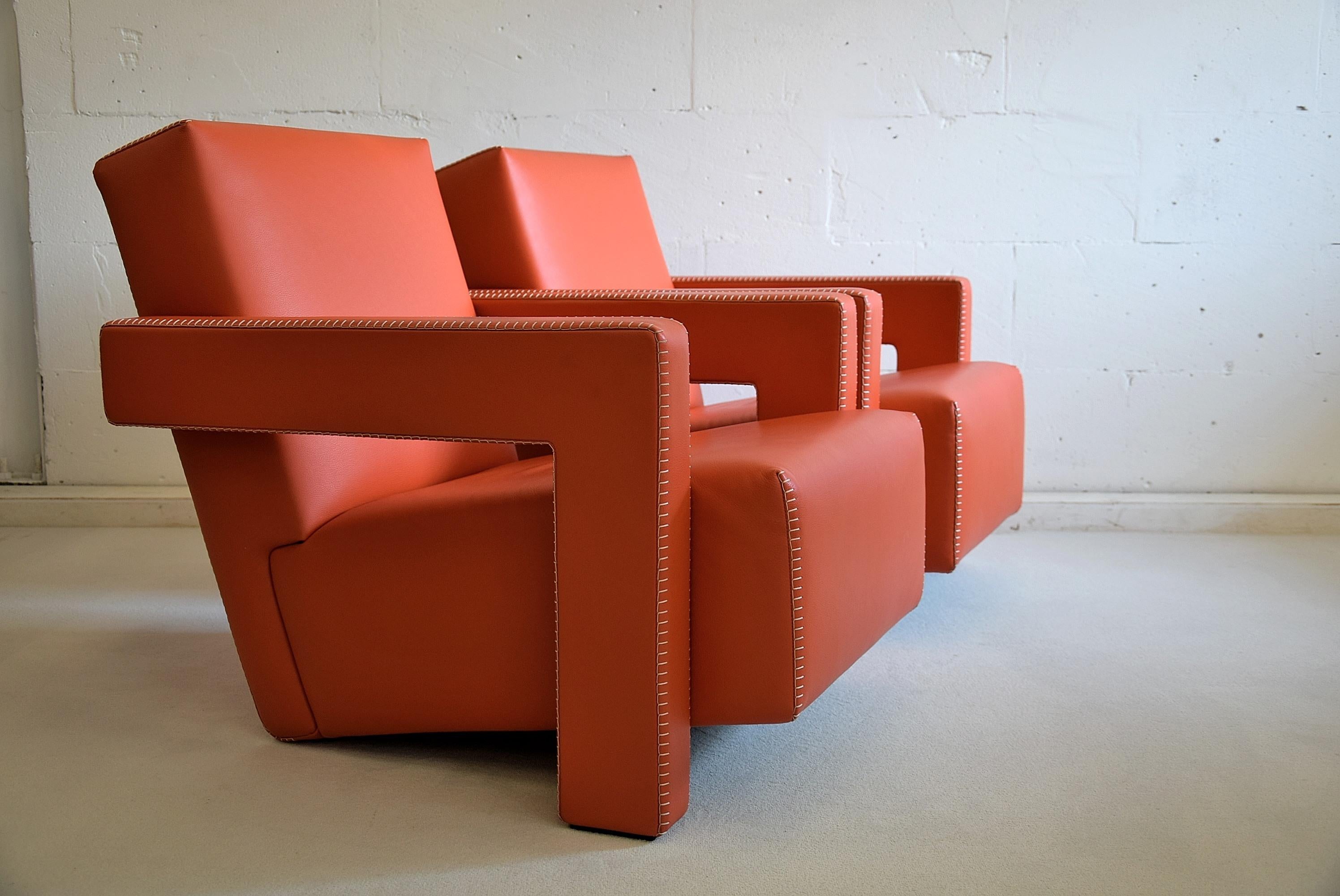Dutch Gerrit Rietveld Leather Hermes Orange Utrecht Lounge Chairs